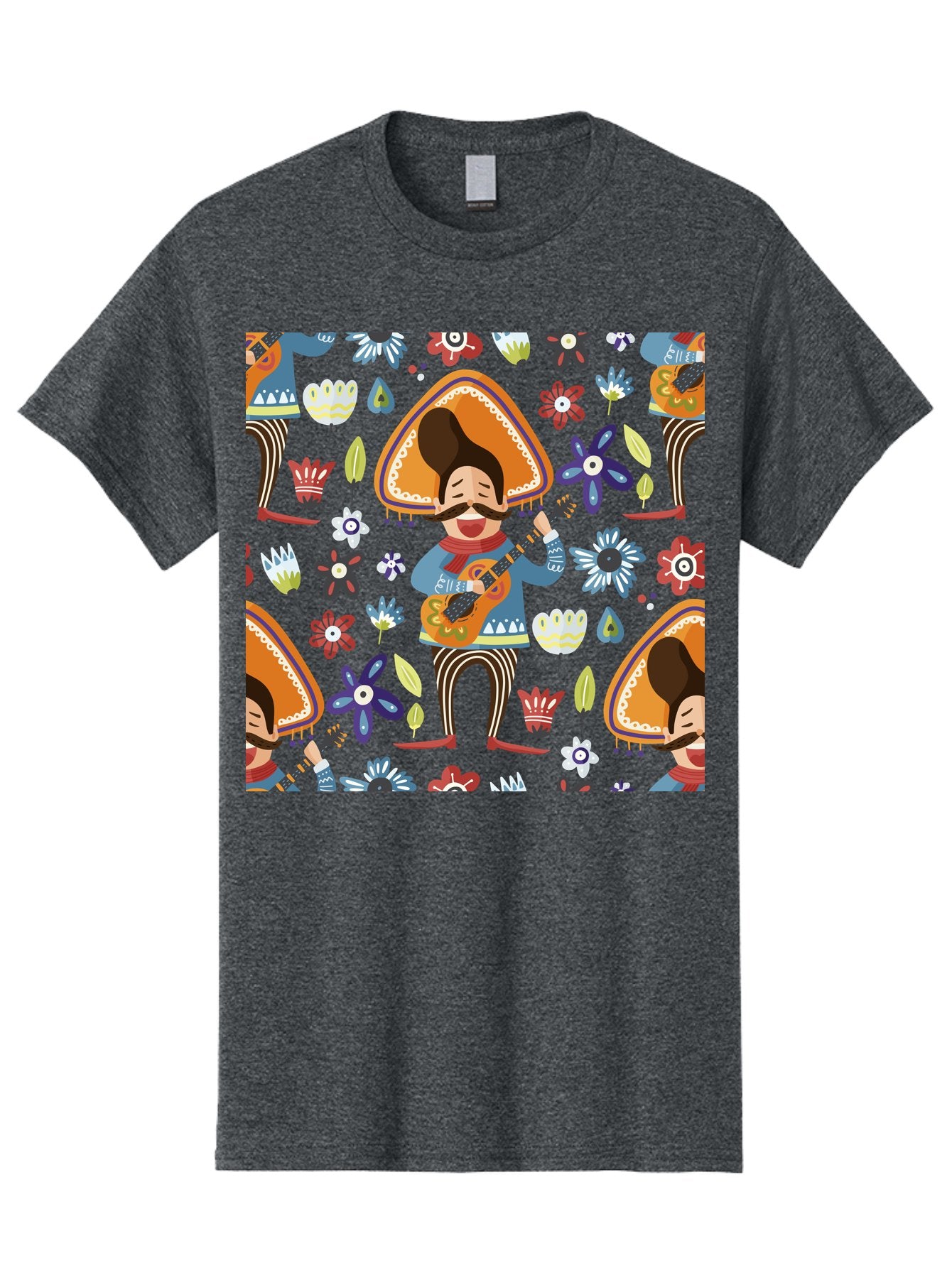 Mexican-Guitarist Men'S Graphic Tee, 100% Cotton, Comfortable Casual Summer Wear, Machine Washable, Mariachi Man Playing Guitar, Sombrero Hat, Mustache, Vibrant Flowers, Festive Atmosphere, Lively Music, Cultural Heritage, -  Aaa279