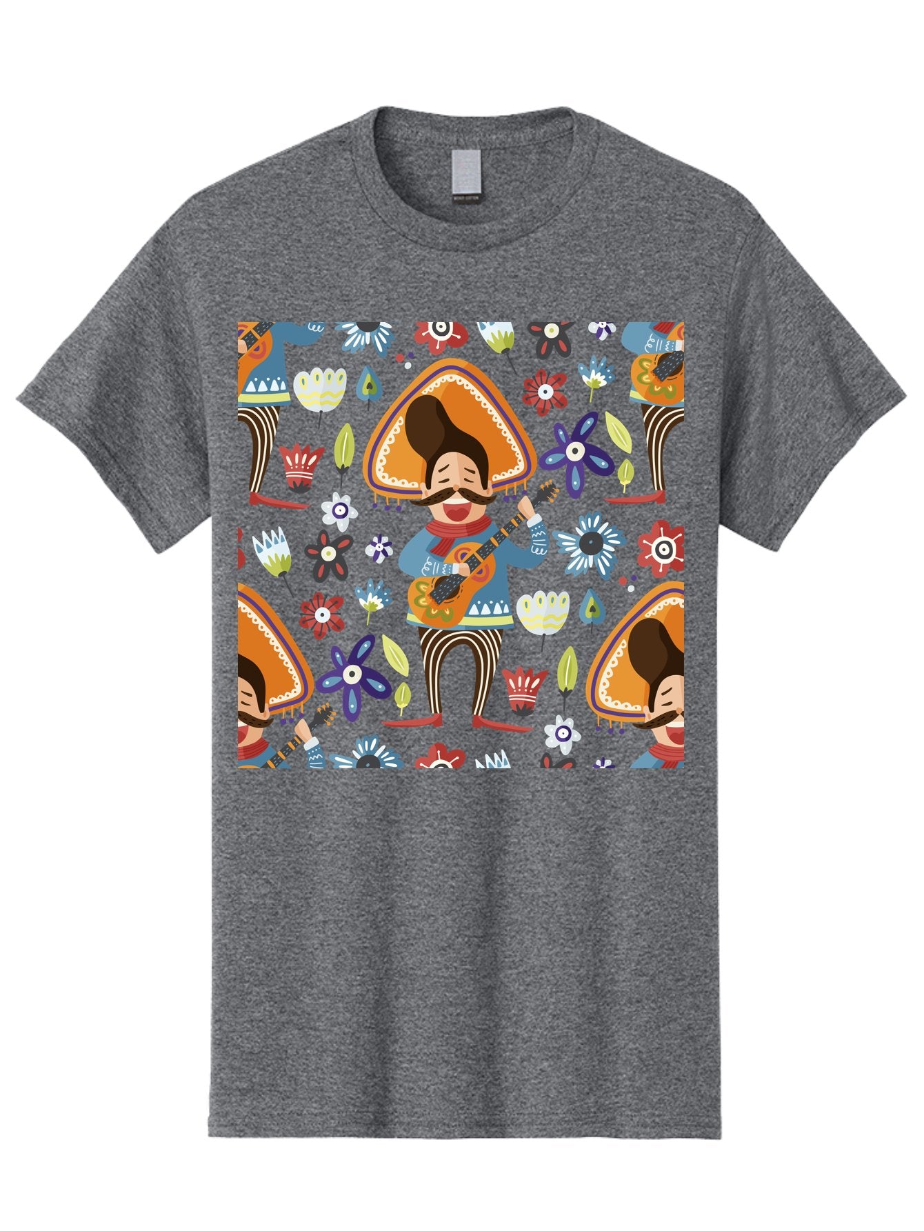 Mexican-Guitarist Men'S Graphic Tee, 100% Cotton, Comfortable Casual Summer Wear, Machine Washable, Mariachi Man Playing Guitar, Sombrero Hat, Mustache, Vibrant Flowers, Festive Atmosphere, Lively Music, Cultural Heritage, -  Aaa279 25
