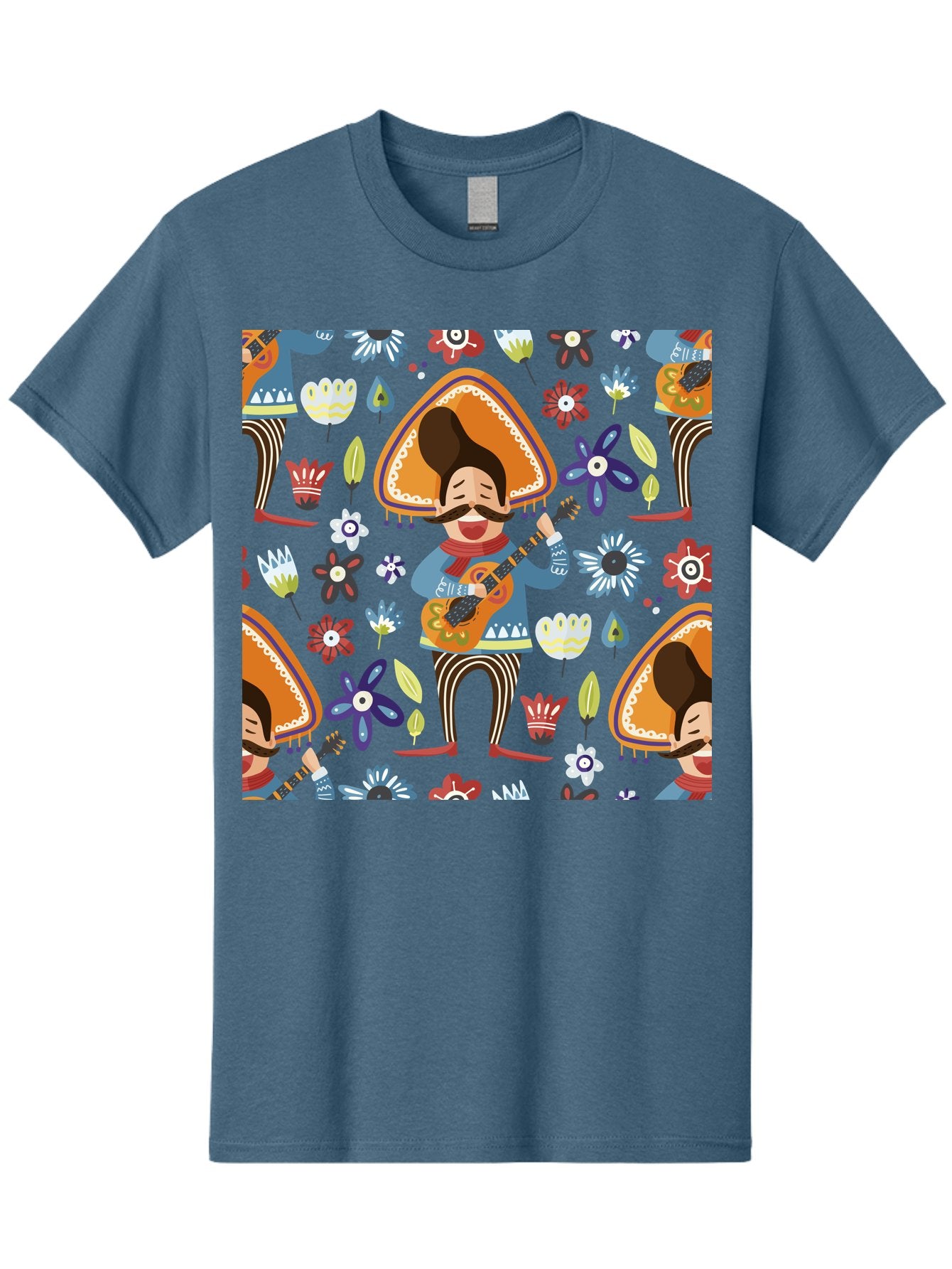 Mexican-Guitarist Men'S Graphic Tee, 100% Cotton, Comfortable Casual Summer Wear, Machine Washable, Mariachi Man Playing Guitar, Sombrero Hat, Mustache, Vibrant Flowers, Festive Atmosphere, Lively Music, Cultural Heritage, -  Aaa279 13