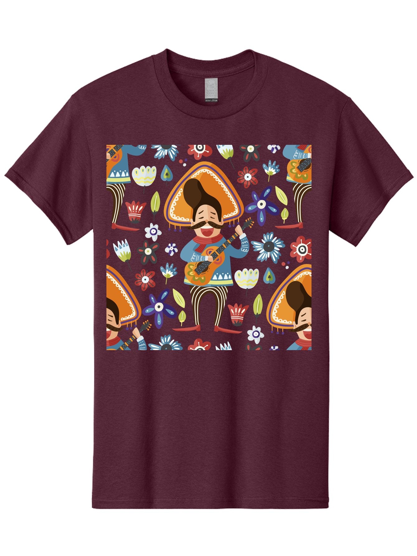 Mexican-Guitarist Men'S Graphic Tee, 100% Cotton, Comfortable Casual Summer Wear, Machine Washable, Mariachi Man Playing Guitar, Sombrero Hat, Mustache, Vibrant Flowers, Festive Atmosphere, Lively Music, Cultural Heritage, -  Aaa279 23