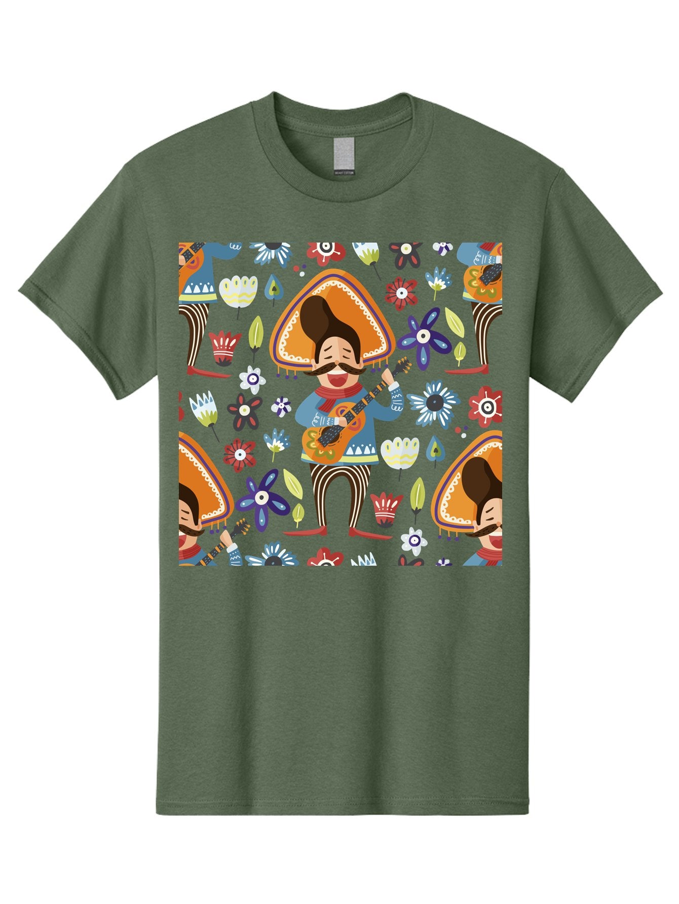 Mexican-Guitarist Men'S Graphic Tee, 100% Cotton, Comfortable Casual Summer Wear, Machine Washable, Mariachi Man Playing Guitar, Sombrero Hat, Mustache, Vibrant Flowers, Festive Atmosphere, Lively Music, Cultural Heritage, -  Aaa279 17