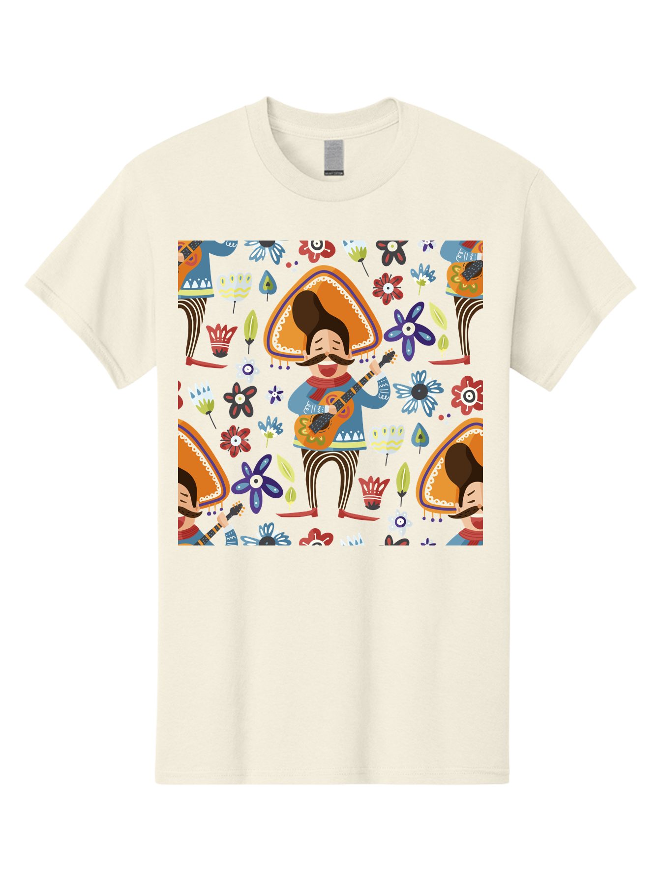 Mexican-Guitarist Men'S Graphic Tee, 100% Cotton, Comfortable Casual Summer Wear, Machine Washable, Mariachi Man Playing Guitar, Sombrero Hat, Mustache, Vibrant Flowers, Festive Atmosphere, Lively Music, Cultural Heritage, -  Aaa279