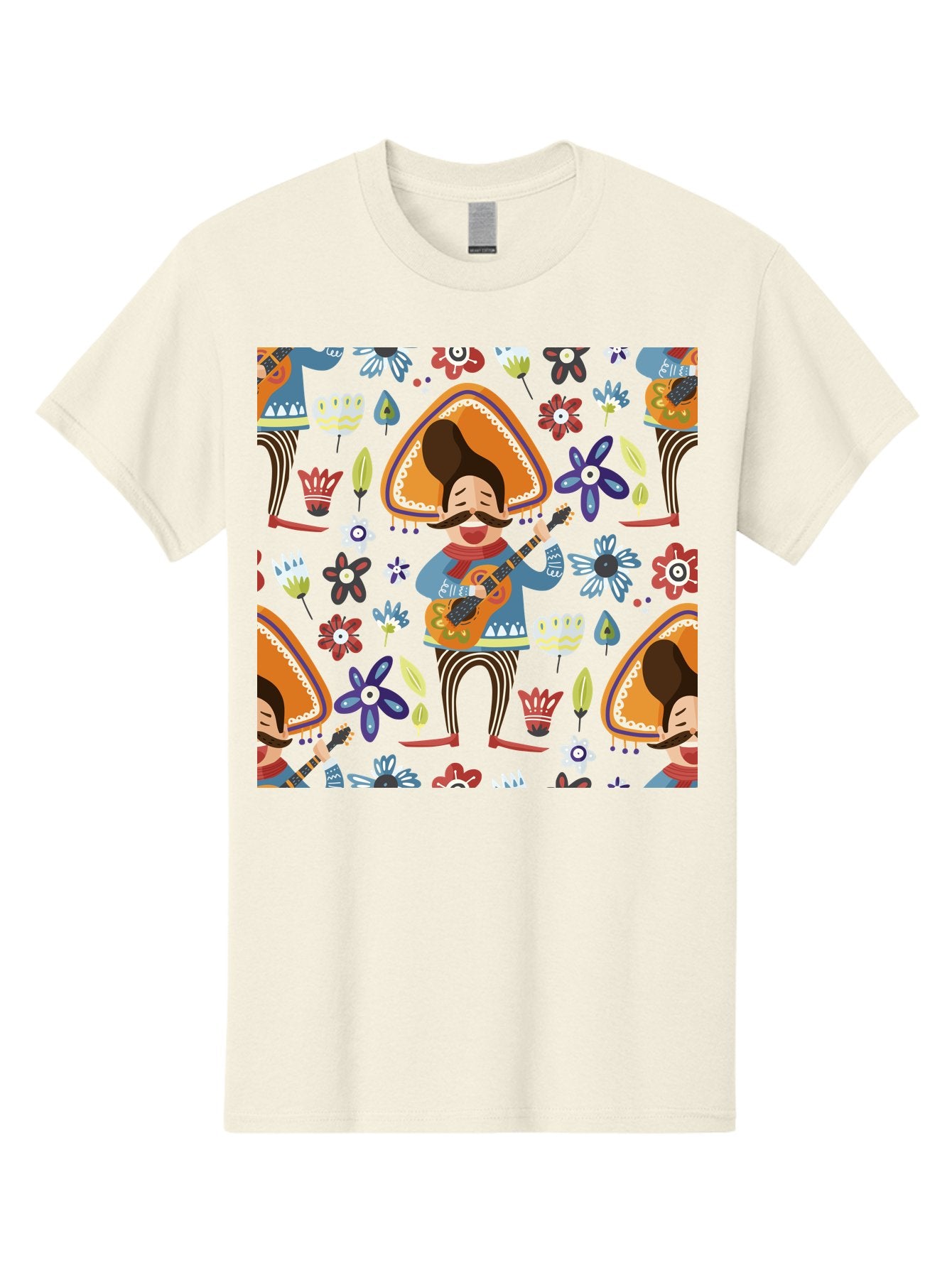 Mexican-Guitarist Men'S Graphic Tee, 100% Cotton, Comfortable Casual Summer Wear, Machine Washable, Mariachi Man Playing Guitar, Sombrero Hat, Mustache, Vibrant Flowers, Festive Atmosphere, Lively Music, Cultural Heritage, -  Aaa279 21