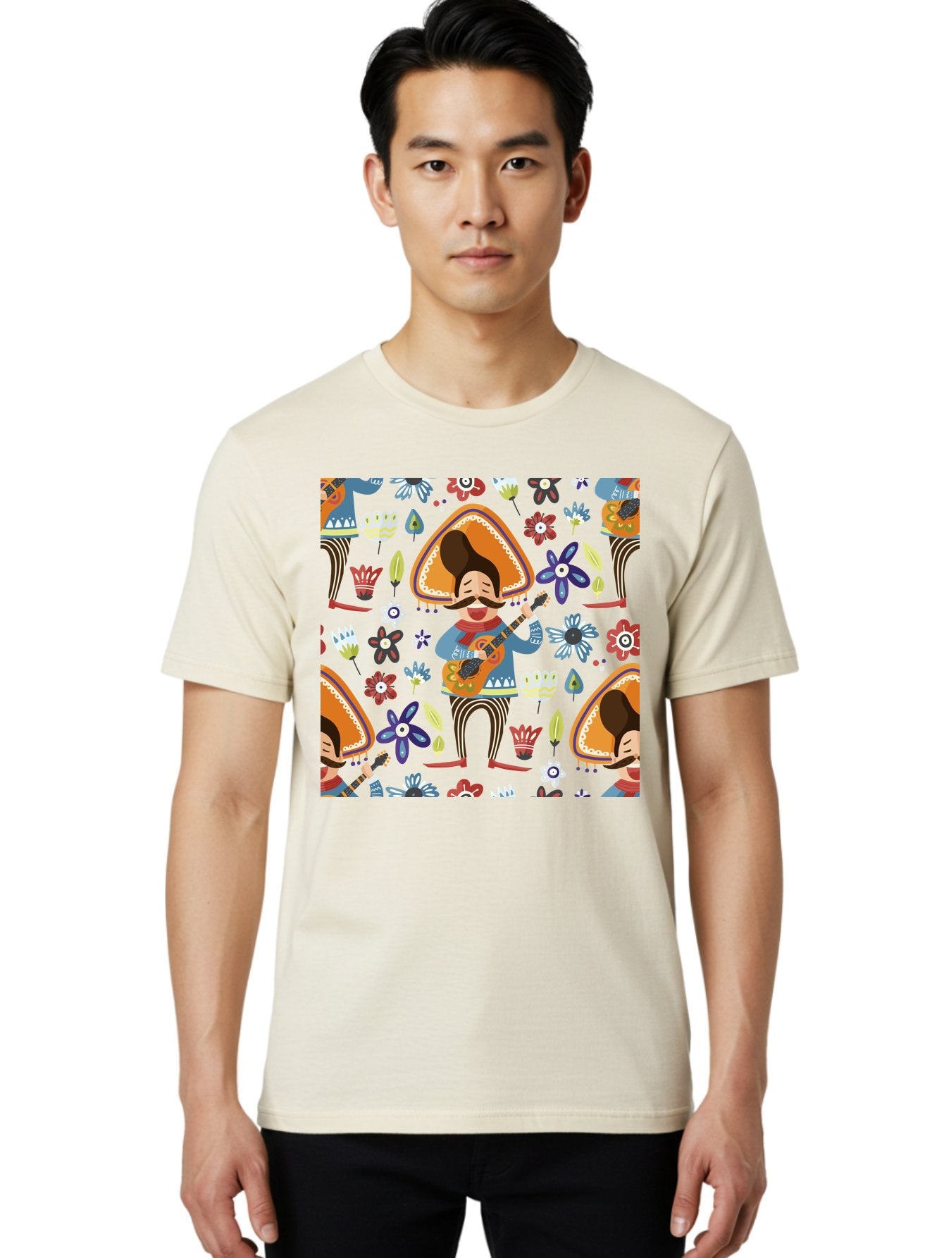Mexican-Guitarist Men'S Graphic Tee, 100% Cotton, Comfortable Casual Summer Wear, Machine Washable, Mariachi Man Playing Guitar, Sombrero Hat, Mustache, Vibrant Flowers, Festive Atmosphere, Lively Music, Cultural Heritage, -  Aaa279 22
