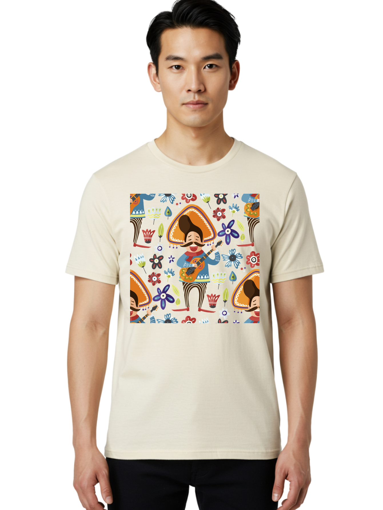 Mexican-Guitarist Men'S Graphic Tee, 100% Cotton, Comfortable Casual Summer Wear, Machine Washable, Mariachi Man Playing Guitar, Sombrero Hat, Mustache, Vibrant Flowers, Festive Atmosphere, Lively Music, Cultural Heritage, -  Aaa279