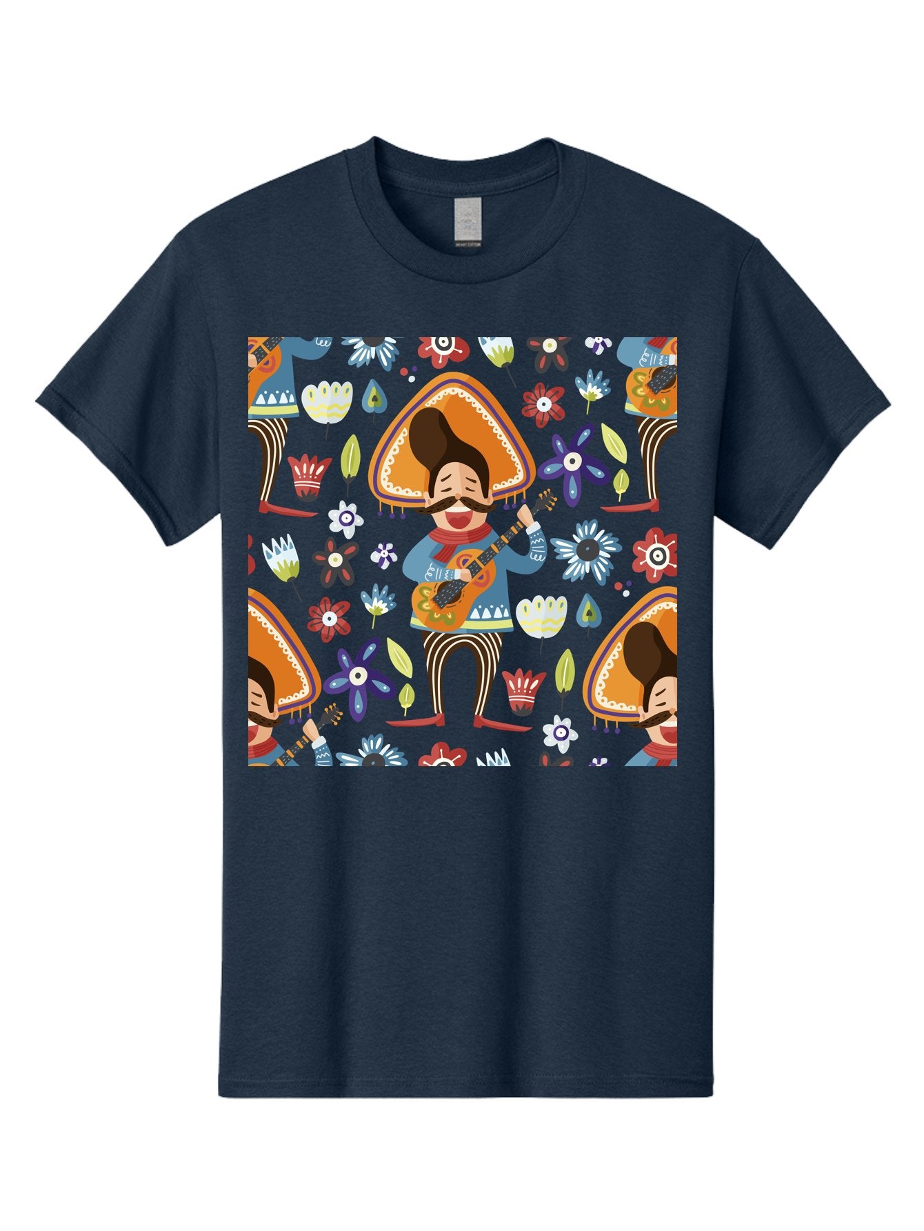 Mexican-Guitarist Men'S Graphic Tee, 100% Cotton, Comfortable Casual Summer Wear, Machine Washable, Mariachi Man Playing Guitar, Sombrero Hat, Mustache, Vibrant Flowers, Festive Atmosphere, Lively Music, Cultural Heritage, -  Aaa279 9