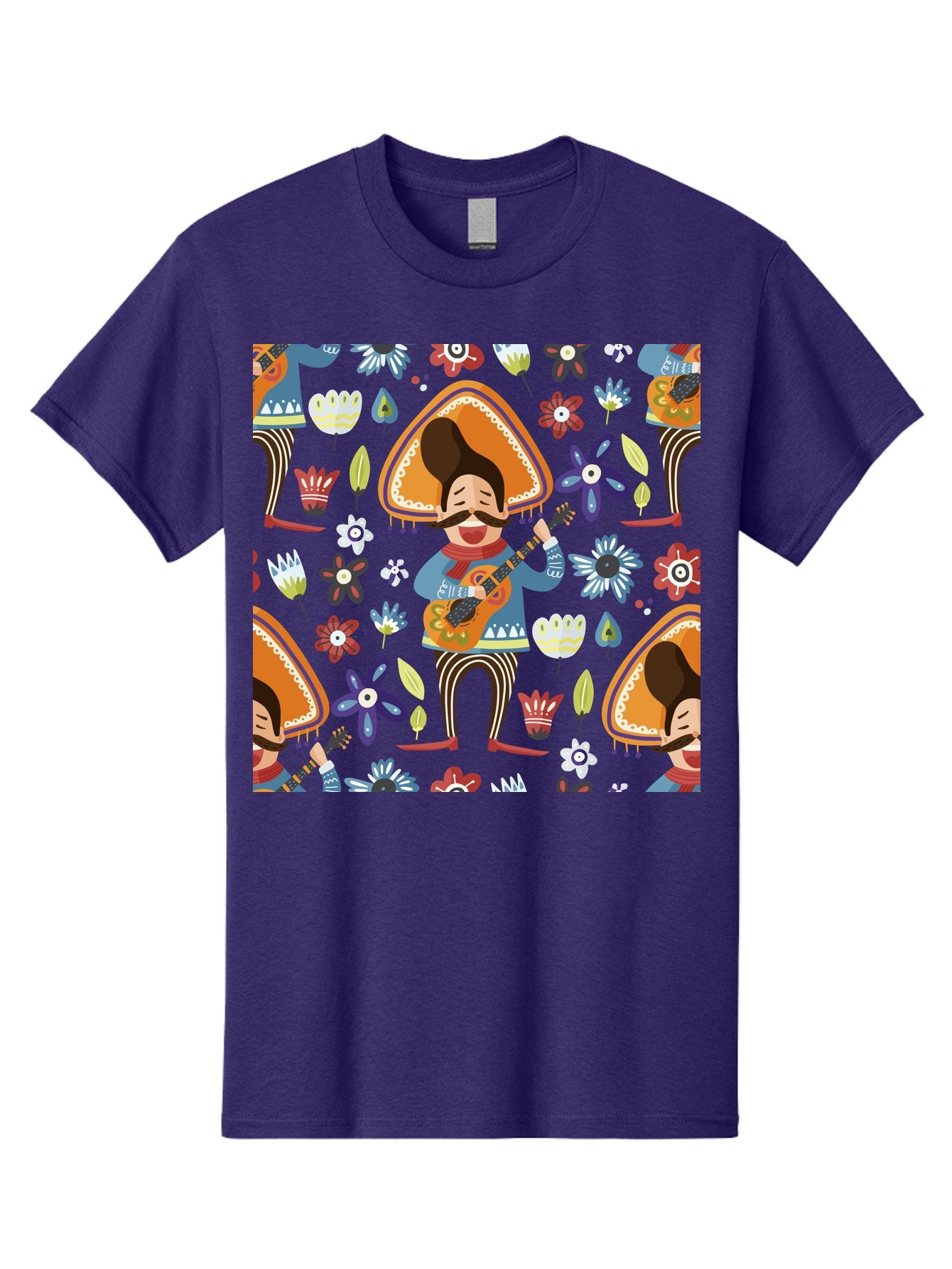 Mexican-Guitarist Men'S Graphic Tee, 100% Cotton, Comfortable Casual Summer Wear, Machine Washable, Mariachi Man Playing Guitar, Sombrero Hat, Mustache, Vibrant Flowers, Festive Atmosphere, Lively Music, Cultural Heritage, -  Aaa279 27