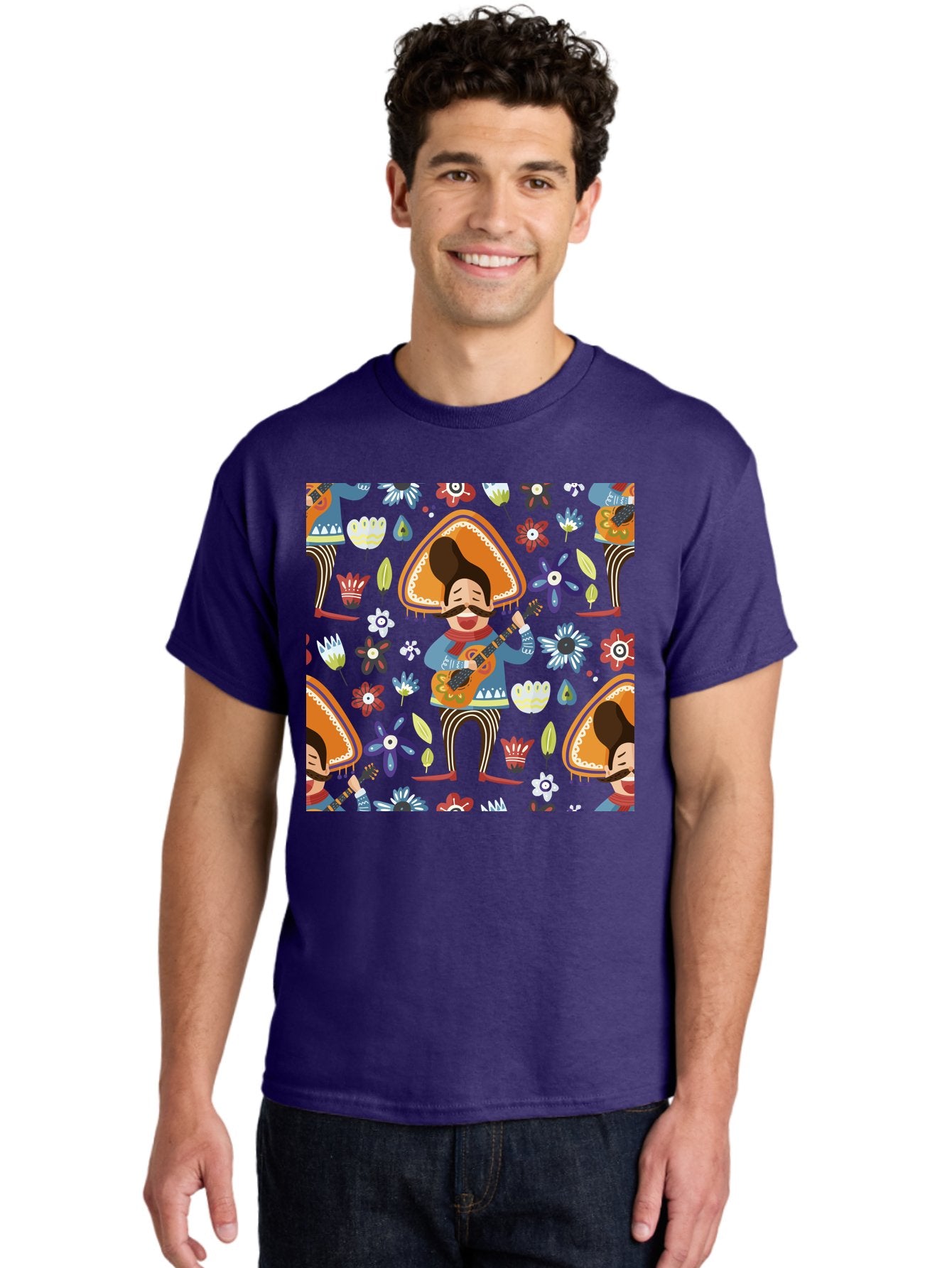 Mexican-Guitarist Men'S Graphic Tee, 100% Cotton, Comfortable Casual Summer Wear, Machine Washable, Mariachi Man Playing Guitar, Sombrero Hat, Mustache, Vibrant Flowers, Festive Atmosphere, Lively Music, Cultural Heritage, -  Aaa279 28