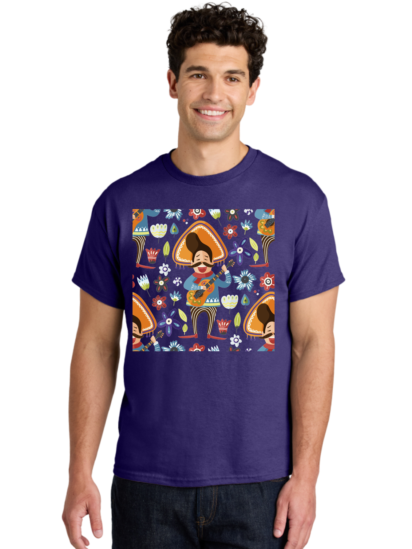 Mexican-Guitarist Men'S Graphic Tee, 100% Cotton, Comfortable Casual Summer Wear, Machine Washable, Mariachi Man Playing Guitar, Sombrero Hat, Mustache, Vibrant Flowers, Festive Atmosphere, Lively Music, Cultural Heritage, -  Aaa279 30