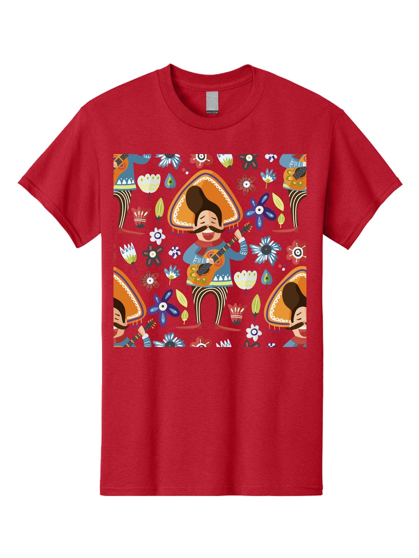 Mexican-Guitarist Men'S Graphic Tee, 100% Cotton, Comfortable Casual Summer Wear, Machine Washable, Mariachi Man Playing Guitar, Sombrero Hat, Mustache, Vibrant Flowers, Festive Atmosphere, Lively Music, Cultural Heritage, -  Aaa279 19