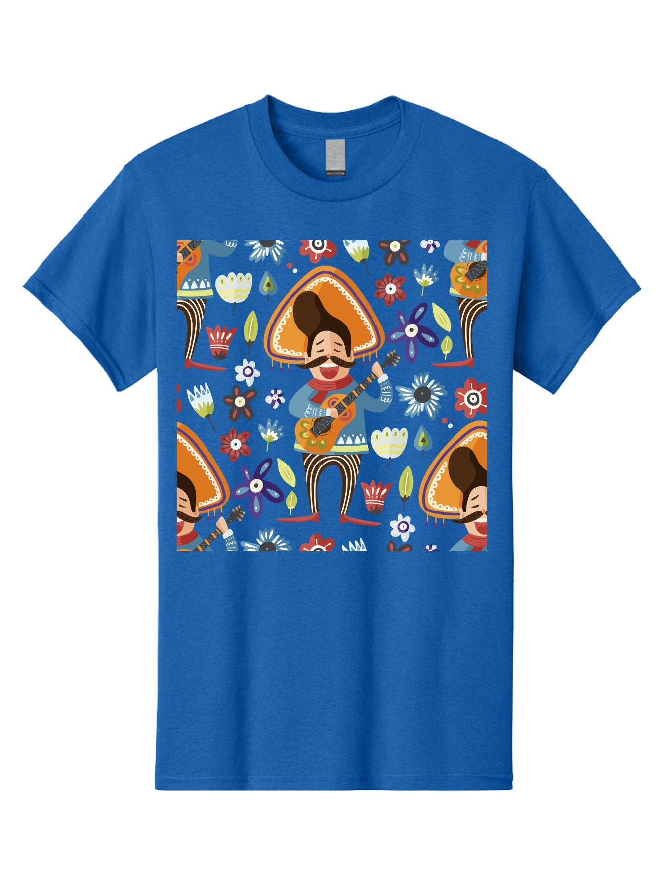 Mexican-Guitarist Men'S Graphic Tee, 100% Cotton, Comfortable Casual Summer Wear, Machine Washable, Mariachi Man Playing Guitar, Sombrero Hat, Mustache, Vibrant Flowers, Festive Atmosphere, Lively Music, Cultural Heritage, -  Aaa279 5