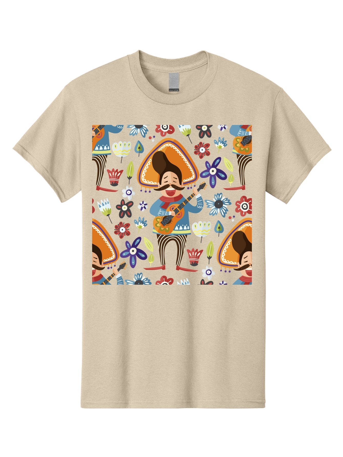 Mexican-Guitarist Men'S Graphic Tee, 100% Cotton, Comfortable Casual Summer Wear, Machine Washable, Mariachi Man Playing Guitar, Sombrero Hat, Mustache, Vibrant Flowers, Festive Atmosphere, Lively Music, Cultural Heritage, -  Aaa279 29