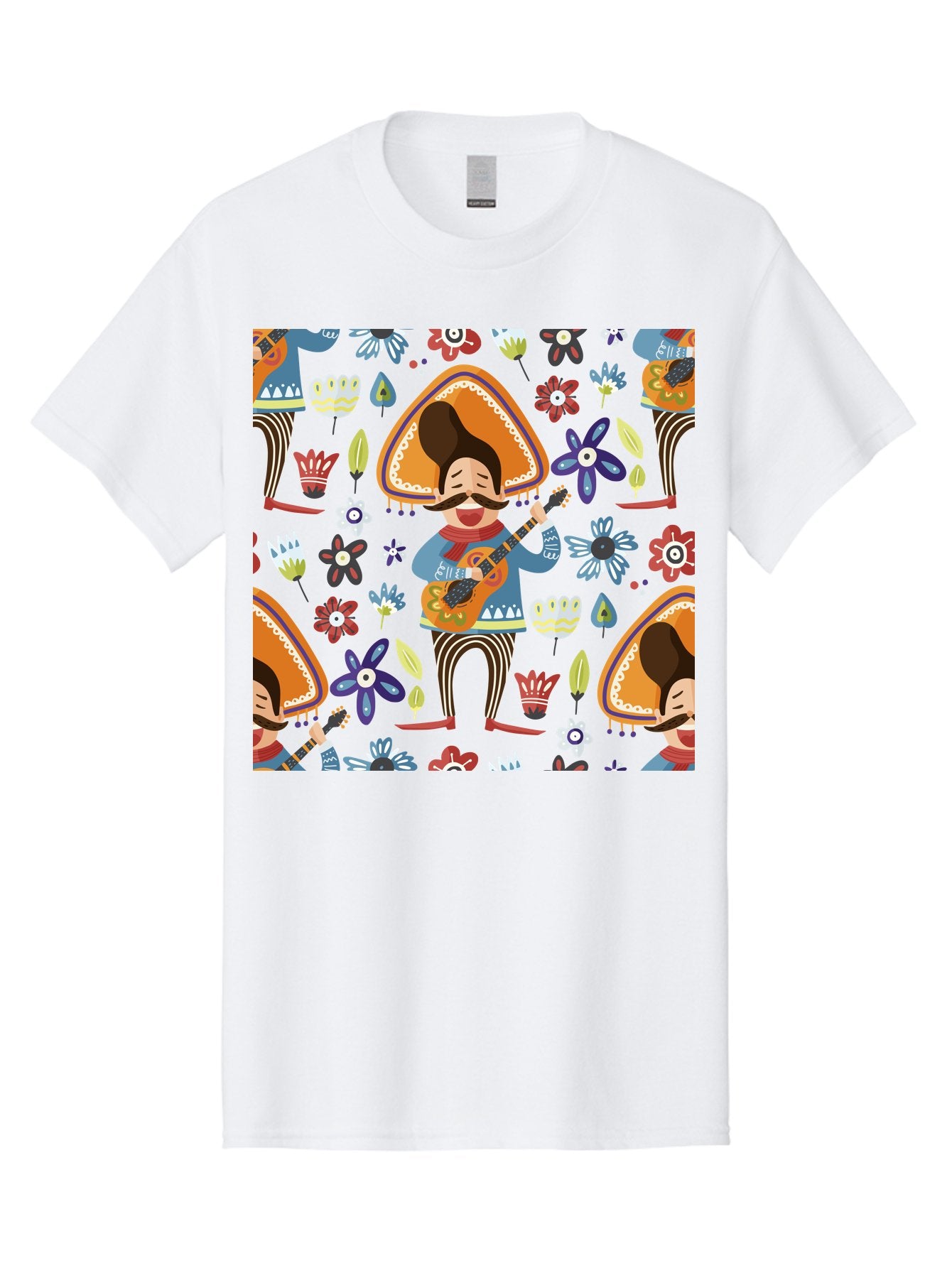 Mexican-Guitarist Men'S Graphic Tee, 100% Cotton, Comfortable Casual Summer Wear, Machine Washable, Mariachi Man Playing Guitar, Sombrero Hat, Mustache, Vibrant Flowers, Festive Atmosphere, Lively Music, Cultural Heritage, -  Aaa279 3