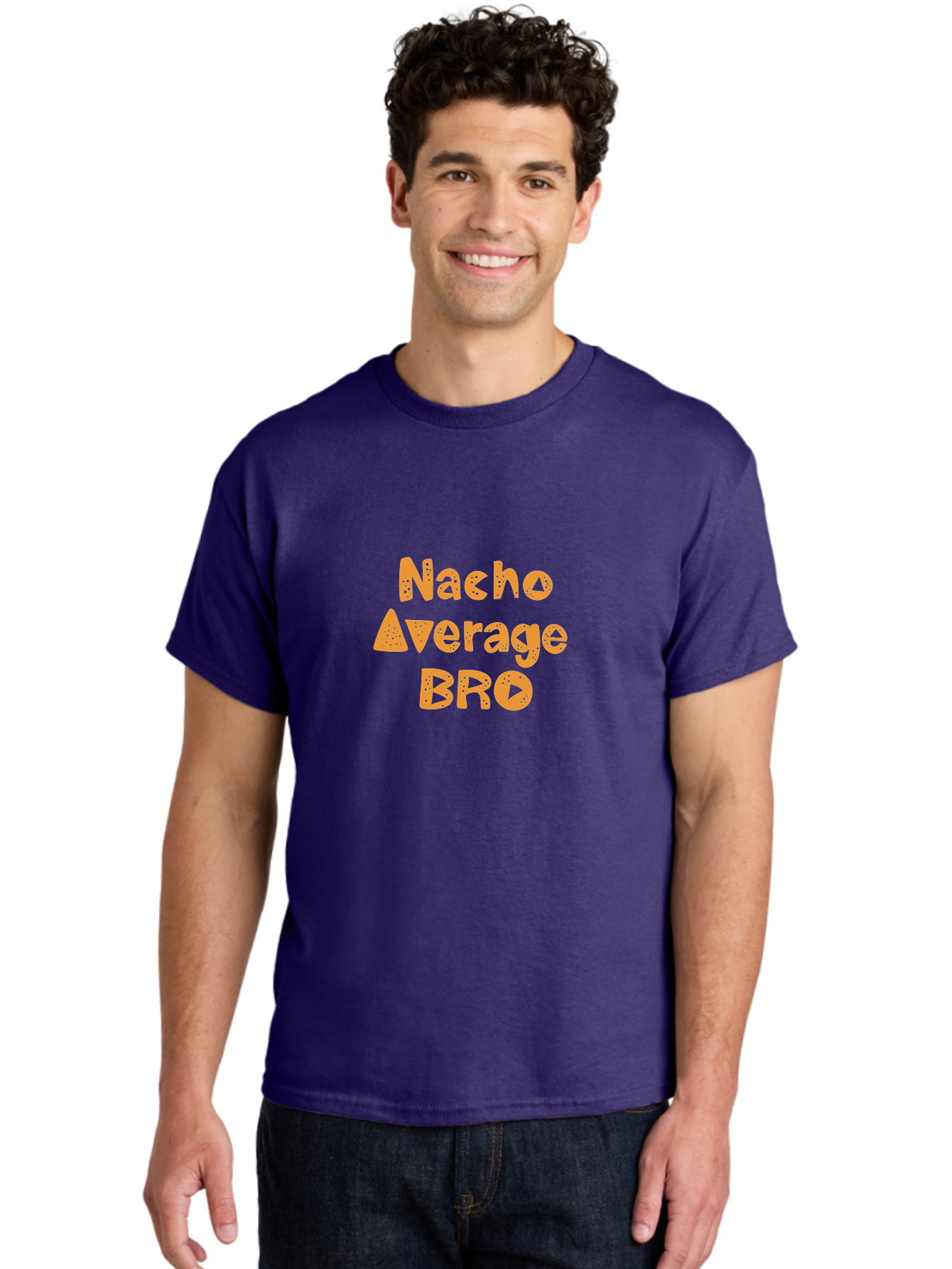 Nacho-Average-Bro-1 Men'S Graphic Tee, 100% Cotton, Comfortable Casual Summer Wear, Machine Washable, Funny Phrase, Playful Text, Orange Font, Stylized Letters, Humorous Expression, Nacho Average Bro, Quirky Graphic, Orange Color Scheme, -  Aaa280