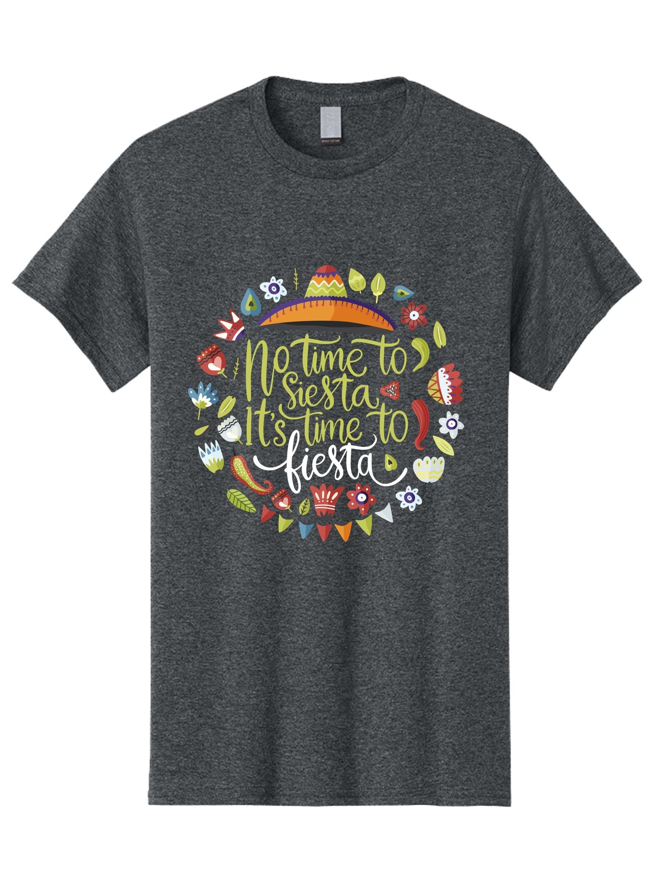 No-Time-To-Siesta-It-S-Time-To-Fiesta Men'S Graphic Tee, 100% Cotton, Comfortable Casual Summer Wear, Machine Washable, Fiesta Theme, Mexican Culture, Vibrant Colors, Party Decorations, Festive Atmosphere, Taco, Chili Pepper, Flowers, -  Aaa288