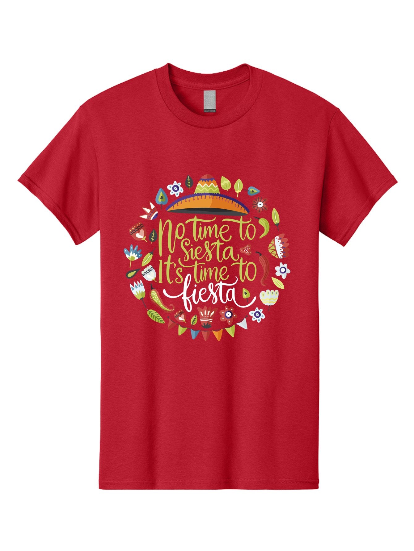 No-Time-To-Siesta-It-S-Time-To-Fiesta Men'S Graphic Tee, 100% Cotton, Comfortable Casual Summer Wear, Machine Washable, Fiesta Theme, Mexican Culture, Vibrant Colors, Party Decorations, Festive Atmosphere, Taco, Chili Pepper, Flowers, -  Aaa288 25