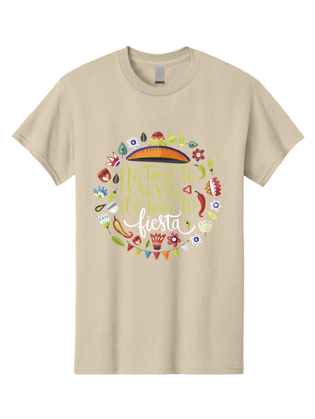 No-Time-To-Siesta-It-S-Time-To-Fiesta Men'S Graphic Tee, 100% Cotton, Comfortable Casual Summer Wear, Machine Washable, Fiesta Theme, Mexican Culture, Vibrant Colors, Party Decorations, Festive Atmosphere, Taco, Chili Pepper, Flowers, -  Aaa288