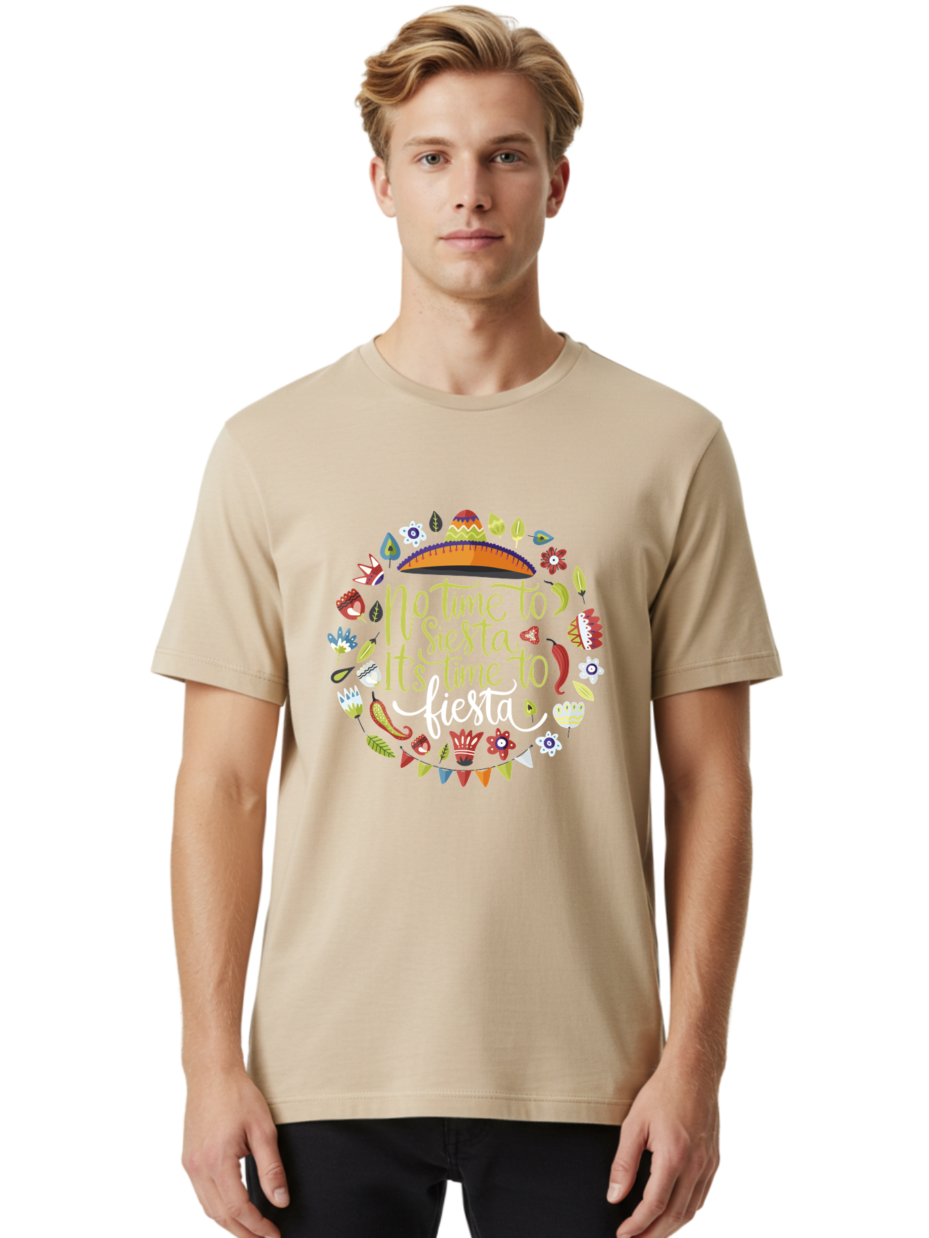 No-Time-To-Siesta-It-S-Time-To-Fiesta Men'S Graphic Tee, 100% Cotton, Comfortable Casual Summer Wear, Machine Washable, Fiesta Theme, Mexican Culture, Vibrant Colors, Party Decorations, Festive Atmosphere, Taco, Chili Pepper, Flowers, -  Aaa288