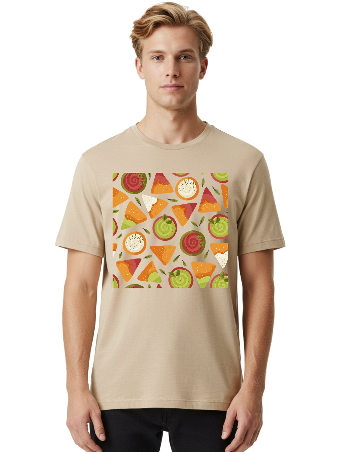 Pizza-Slices-Pattern Men'S Graphic Tee, 100% Cotton, Comfortable Casual Summer Wear, Machine Washable, Pizza Slices, Various Toppings, Pepperoni, Vegetables, Cheese, Food Pattern, Seamless Design, Cartoon Style -  Aaa290