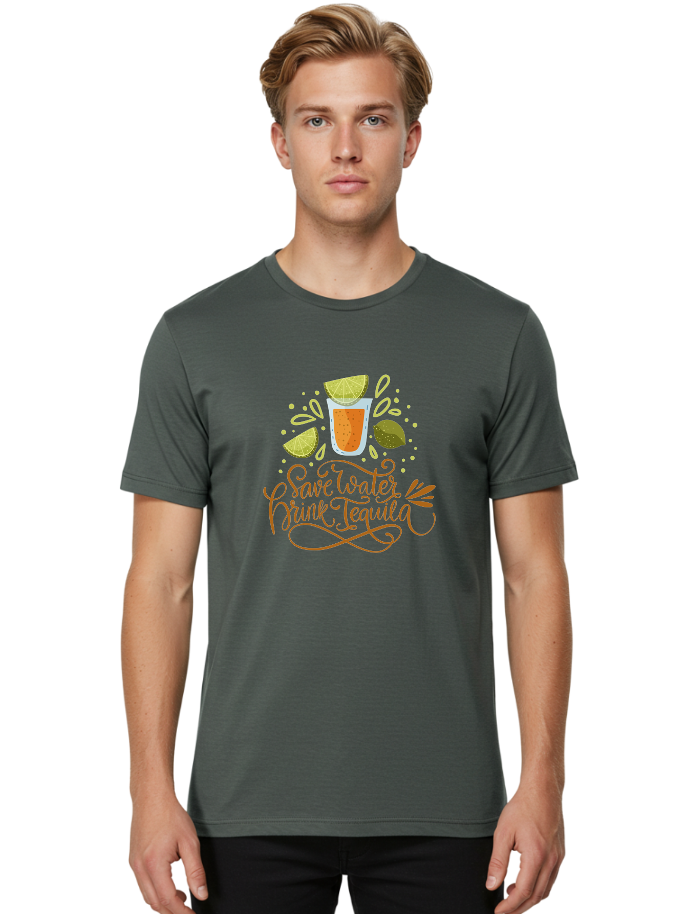 Save-Water-Drink-Tequila-1 Men'S Graphic Tee, 100% Cotton, Comfortable Casual Summer Wear, Machine Washable, Tequila Cocktail, Lime Wedges, Agave Plant, Party Theme, Happy Hour, Cocktail Hour, Tequila Lovers, Fun Typography, Festive Design, -  Aaa291