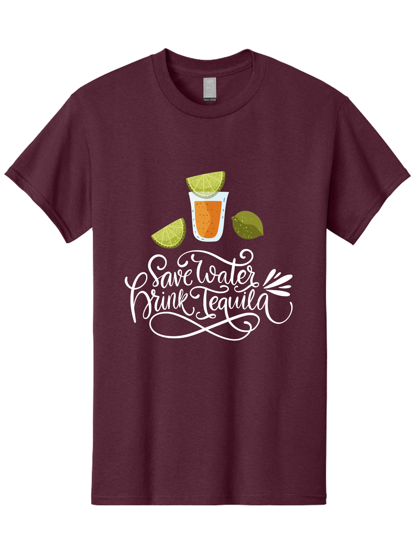 Save-Water-Drink-Tequila-2 Men'S Graphic Tee, 100% Cotton, Comfortable Casual Summer Wear, Machine Washable, Tequila Shot, Lime Wedges, Agave Leaf, Save Water Drink Tequila Text, Cocktail, Party, Drinking Culture, Humorous, Mexican Drink -  Aaa292