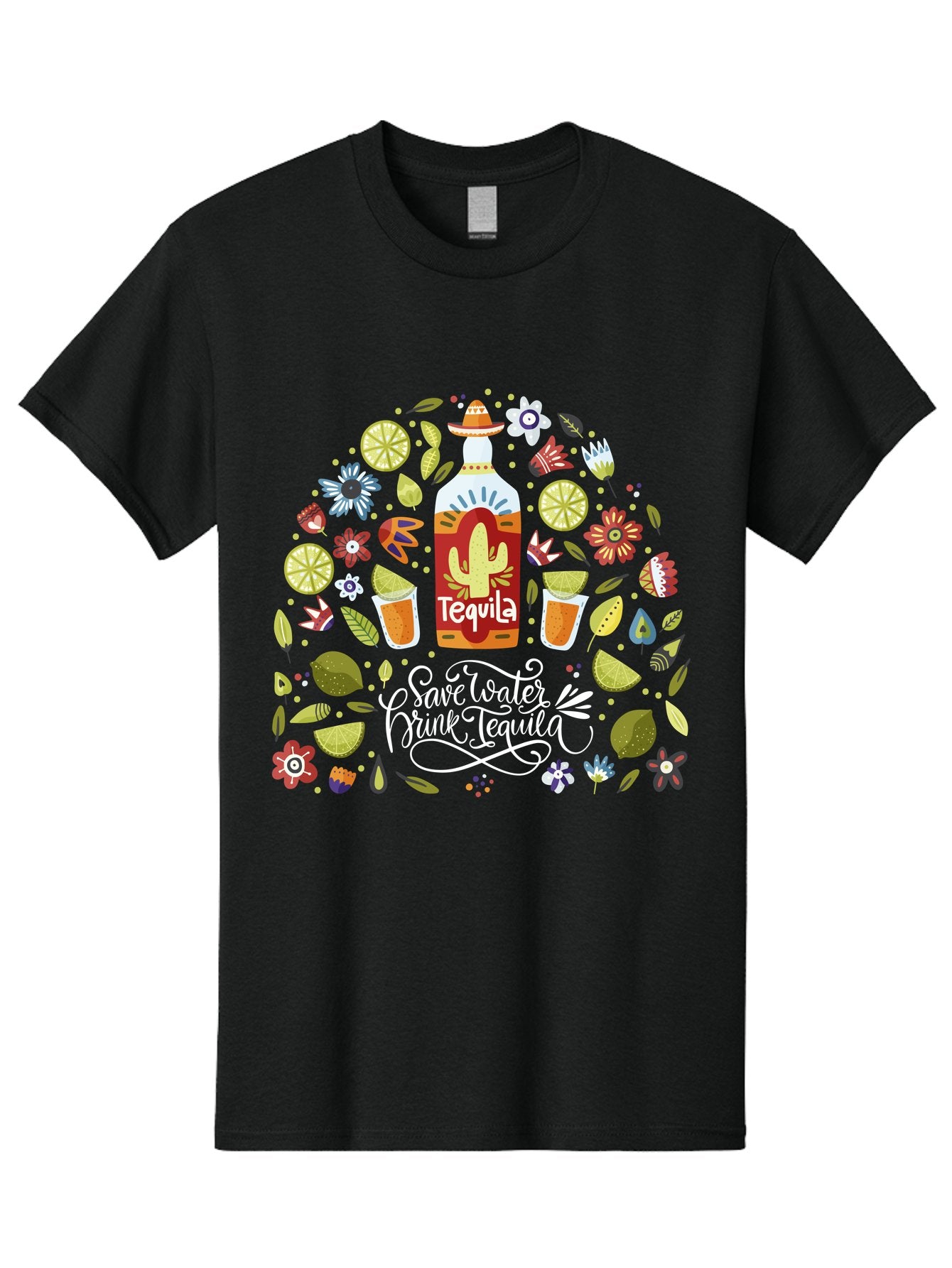 Save-Water-Drink-Tequila Men'S Graphic Tee, 100% Cotton, Comfortable Casual Summer Wear, Machine Washable, Tequila Bottle, Mariachi Inspired Design, Cactus Illustration, Lime Wedges, Citrus Slices, Festive Flowers, Tequila Glasses, -  Aaa295 15
