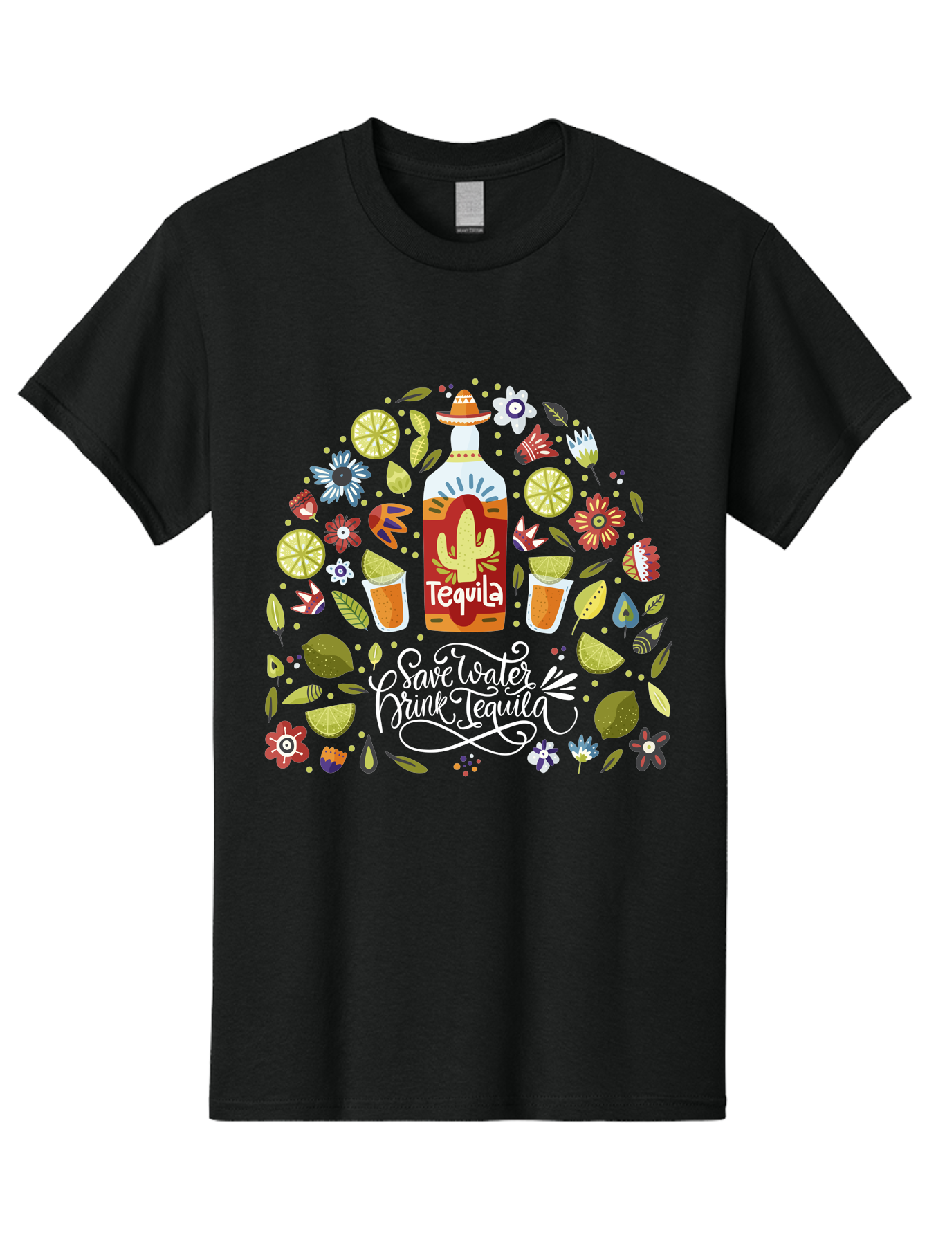 Save-Water-Drink-Tequila Men'S Graphic Tee, 100% Cotton, Comfortable Casual Summer Wear, Machine Washable, Tequila Bottle, Mariachi Inspired Design, Cactus Illustration, Lime Wedges, Citrus Slices, Festive Flowers, Tequila Glasses, -  Aaa295 23