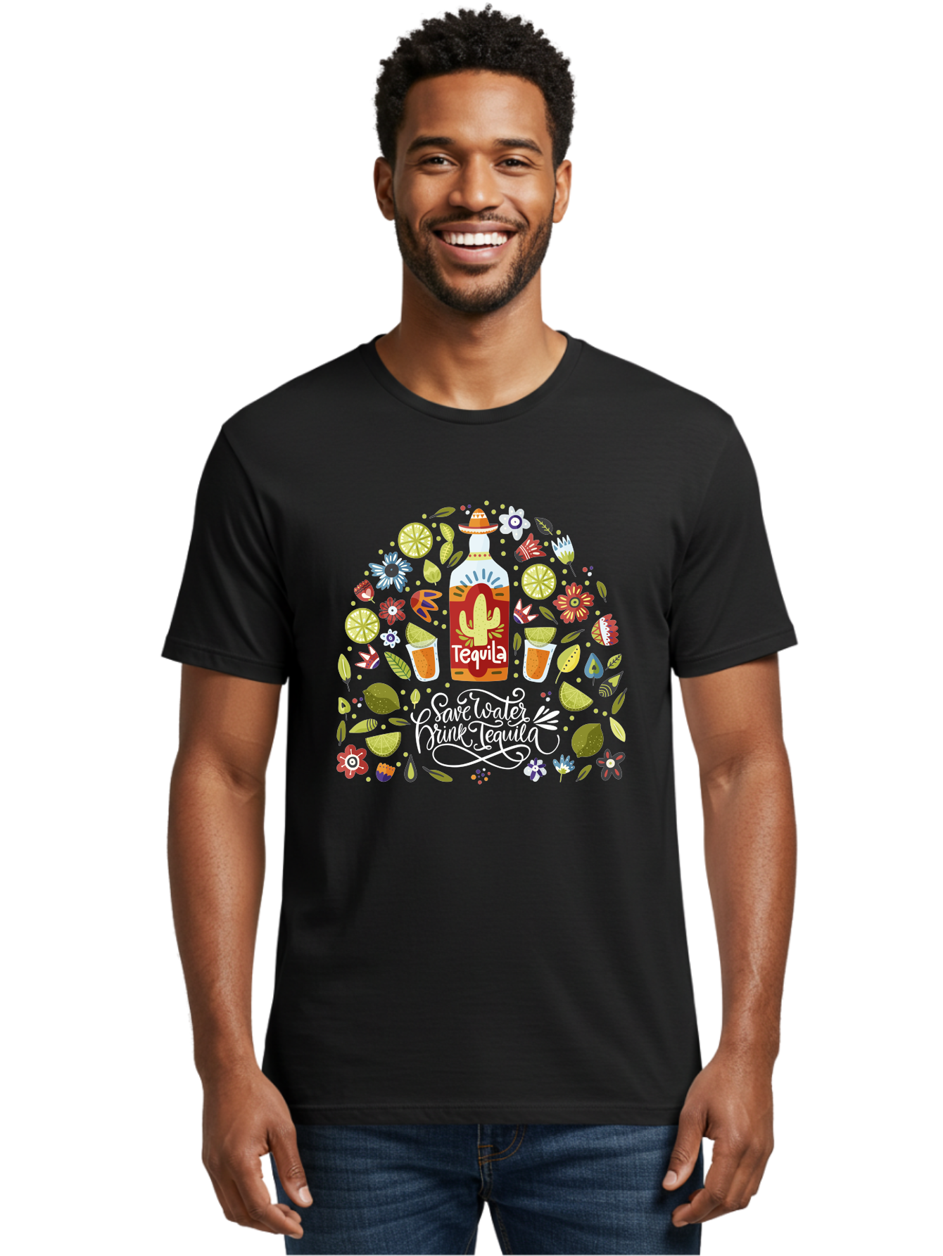 Save-Water-Drink-Tequila Men'S Graphic Tee, 100% Cotton, Comfortable Casual Summer Wear, Machine Washable, Tequila Bottle, Mariachi Inspired Design, Cactus Illustration, Lime Wedges, Citrus Slices, Festive Flowers, Tequila Glasses, -  Aaa295 24