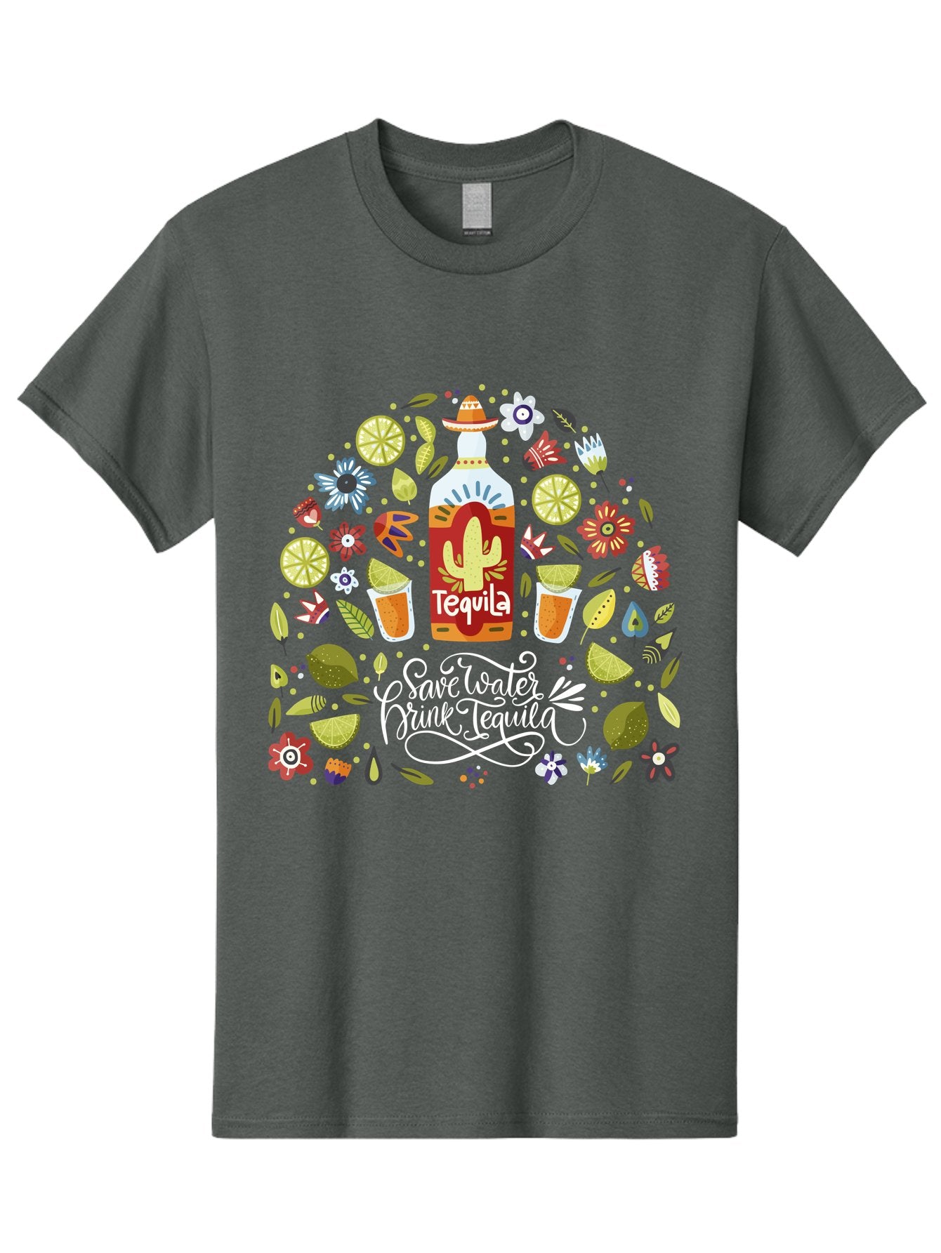 Save-Water-Drink-Tequila Men'S Graphic Tee, 100% Cotton, Comfortable Casual Summer Wear, Machine Washable, Tequila Bottle, Mariachi Inspired Design, Cactus Illustration, Lime Wedges, Citrus Slices, Festive Flowers, Tequila Glasses, -  Aaa295 23