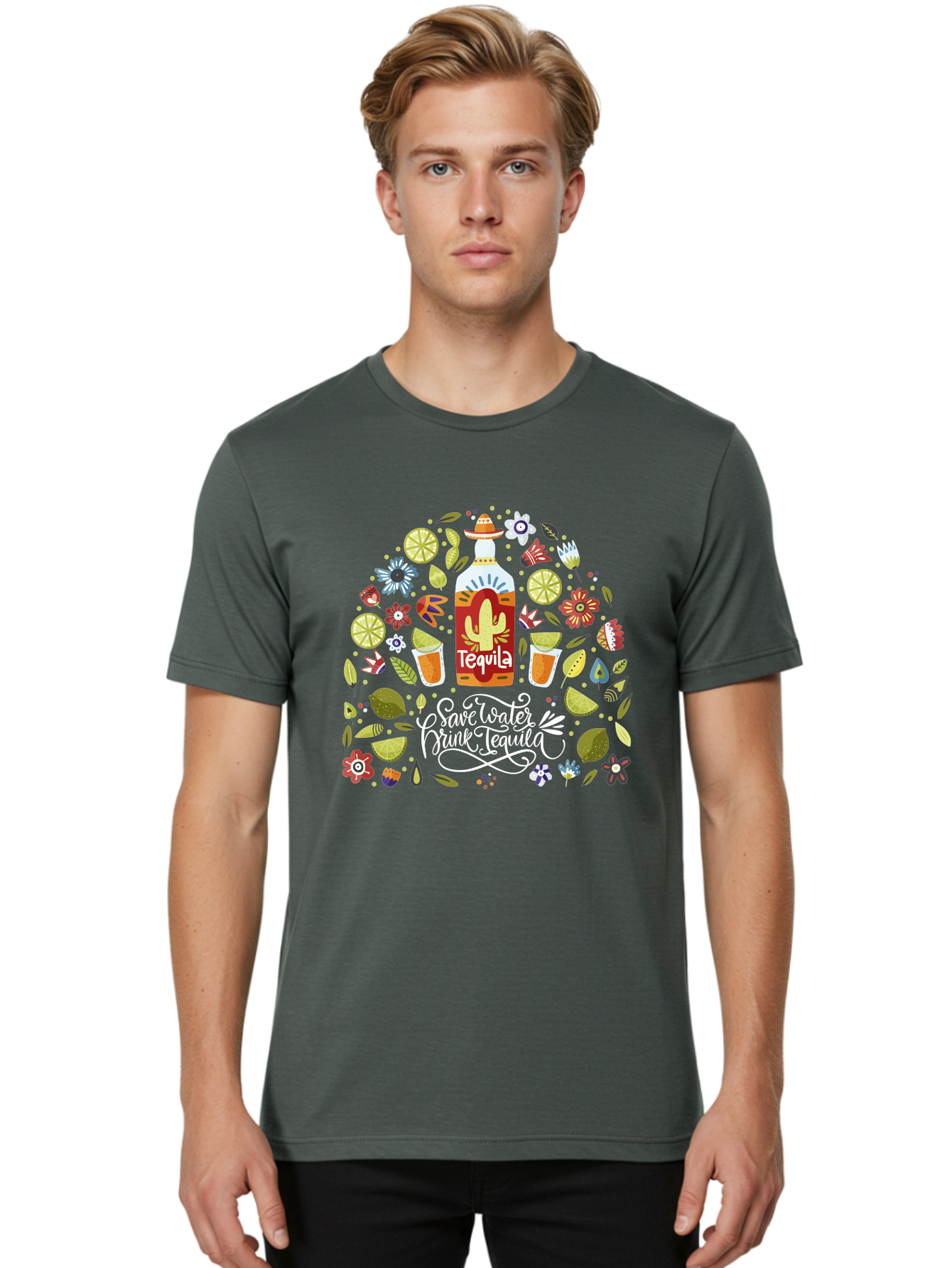 Save-Water-Drink-Tequila Men'S Graphic Tee, 100% Cotton, Comfortable Casual Summer Wear, Machine Washable, Tequila Bottle, Mariachi Inspired Design, Cactus Illustration, Lime Wedges, Citrus Slices, Festive Flowers, Tequila Glasses, -  Aaa295 10