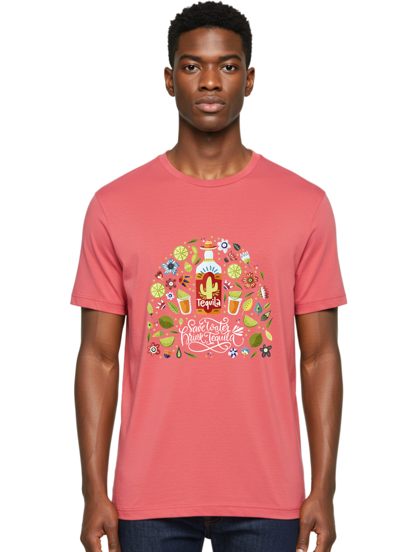 Save-Water-Drink-Tequila Men'S Graphic Tee, 100% Cotton, Comfortable Casual Summer Wear, Machine Washable, Tequila Bottle, Mariachi Inspired Design, Cactus Illustration, Lime Wedges, Citrus Slices, Festive Flowers, Tequila Glasses, -  Aaa295 8