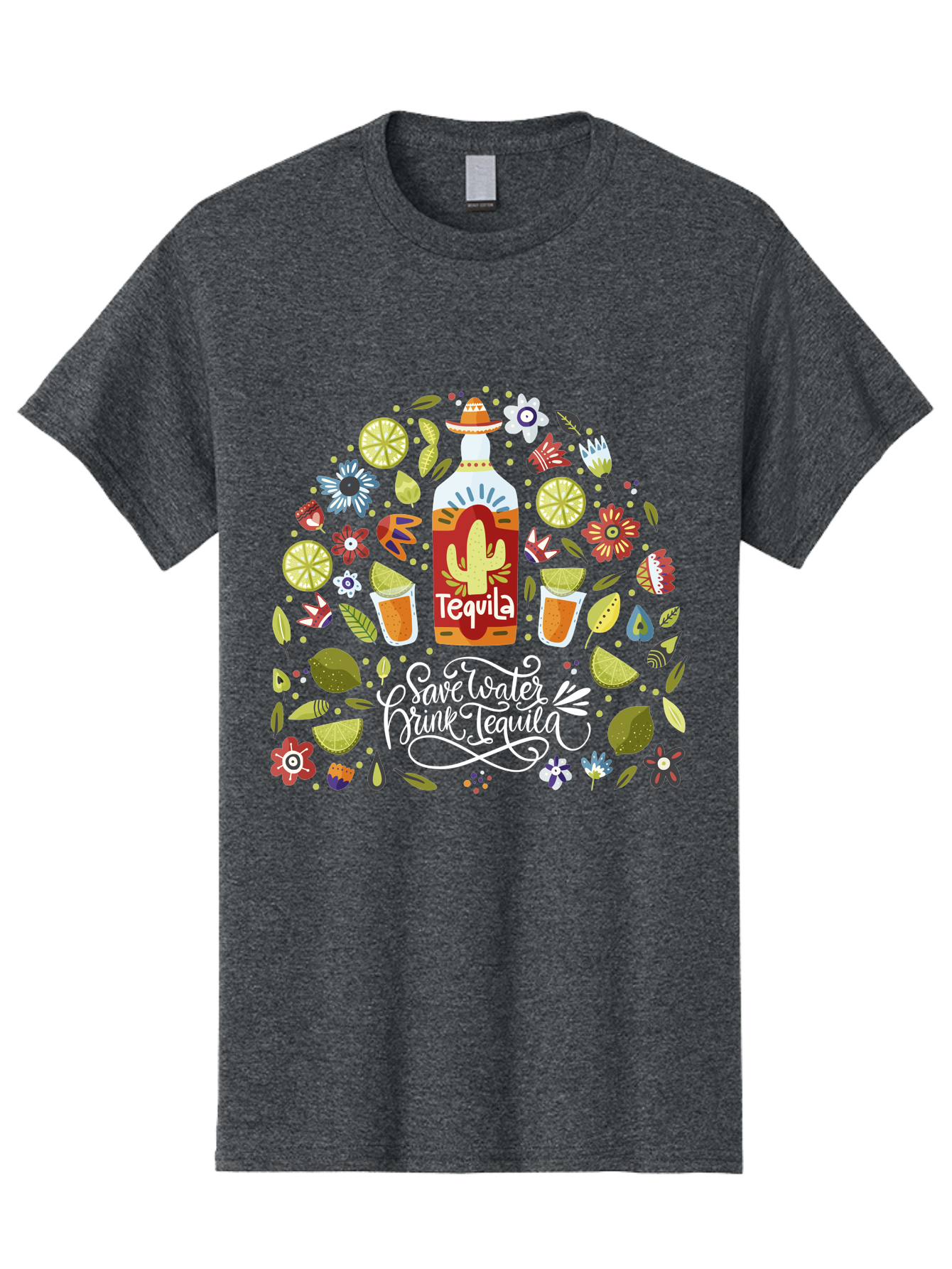 Save-Water-Drink-Tequila Men'S Graphic Tee, 100% Cotton, Comfortable Casual Summer Wear, Machine Washable, Tequila Bottle, Mariachi Inspired Design, Cactus Illustration, Lime Wedges, Citrus Slices, Festive Flowers, Tequila Glasses, -  Aaa295 29