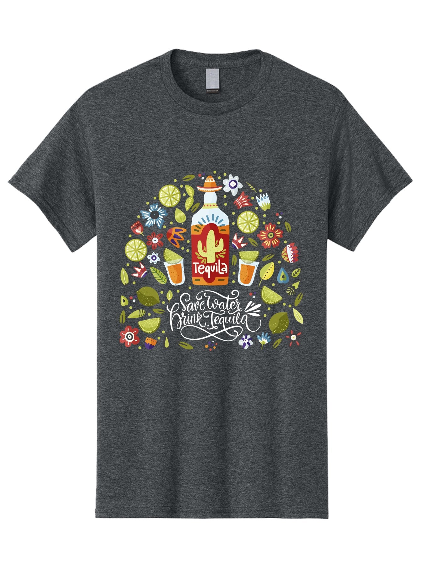 Save-Water-Drink-Tequila Men'S Graphic Tee, 100% Cotton, Comfortable Casual Summer Wear, Machine Washable, Tequila Bottle, Mariachi Inspired Design, Cactus Illustration, Lime Wedges, Citrus Slices, Festive Flowers, Tequila Glasses, -  Aaa295 5
