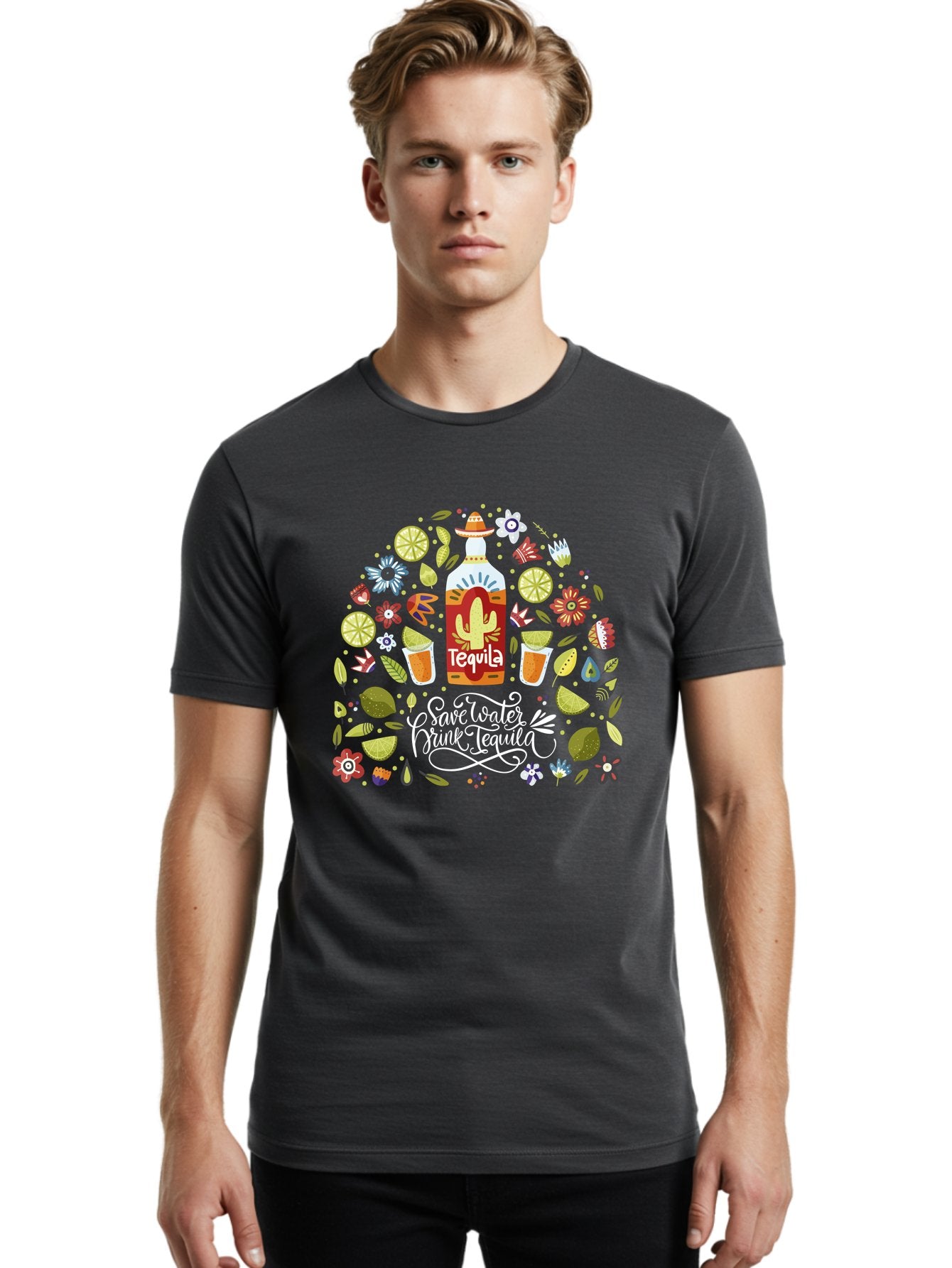 Save-Water-Drink-Tequila Men'S Graphic Tee, 100% Cotton, Comfortable Casual Summer Wear, Machine Washable, Tequila Bottle, Mariachi Inspired Design, Cactus Illustration, Lime Wedges, Citrus Slices, Festive Flowers, Tequila Glasses, -  Aaa295 6