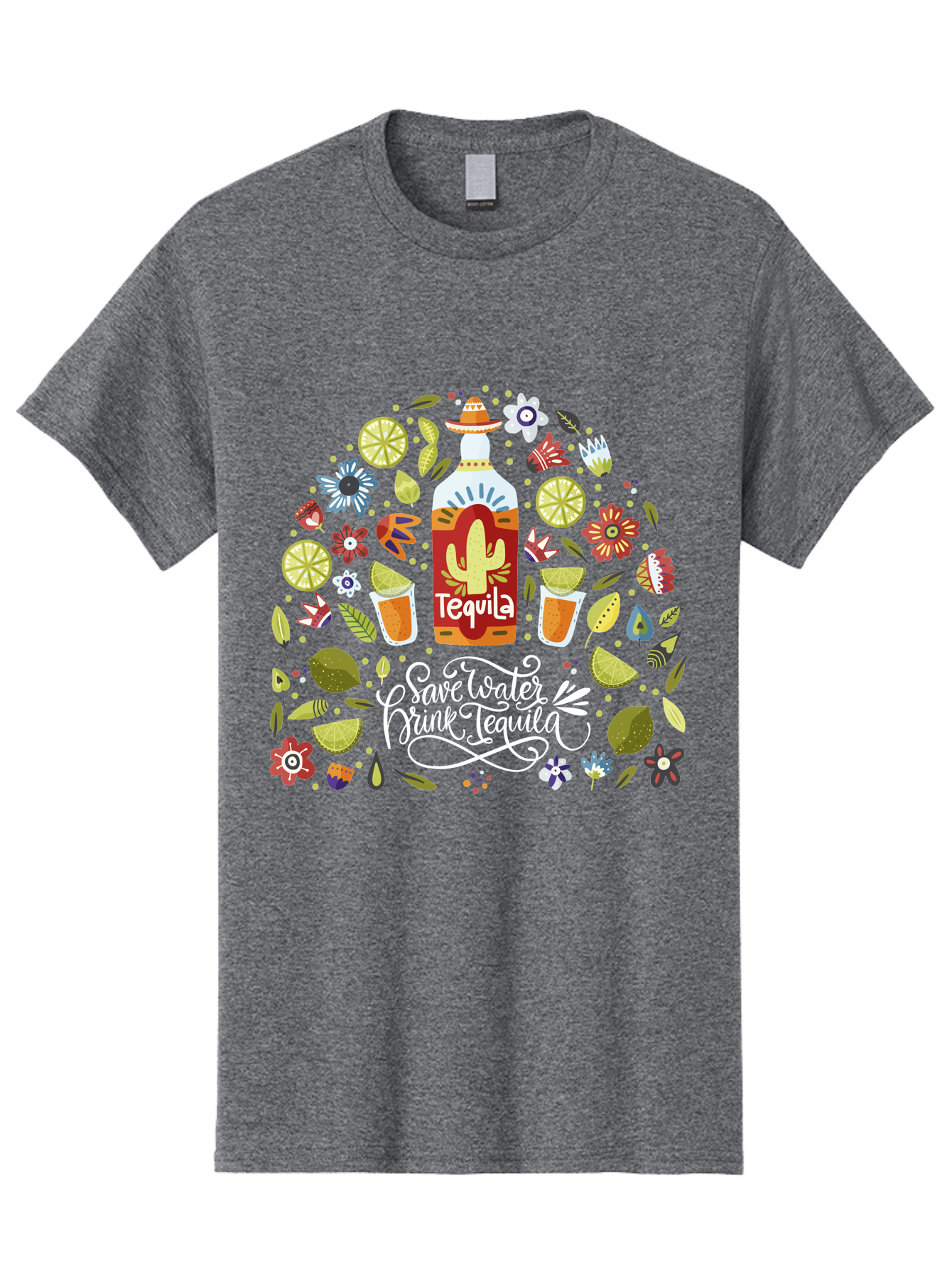 Save-Water-Drink-Tequila Men'S Graphic Tee, 100% Cotton, Comfortable Casual Summer Wear, Machine Washable, Tequila Bottle, Mariachi Inspired Design, Cactus Illustration, Lime Wedges, Citrus Slices, Festive Flowers, Tequila Glasses, -  Aaa295 3