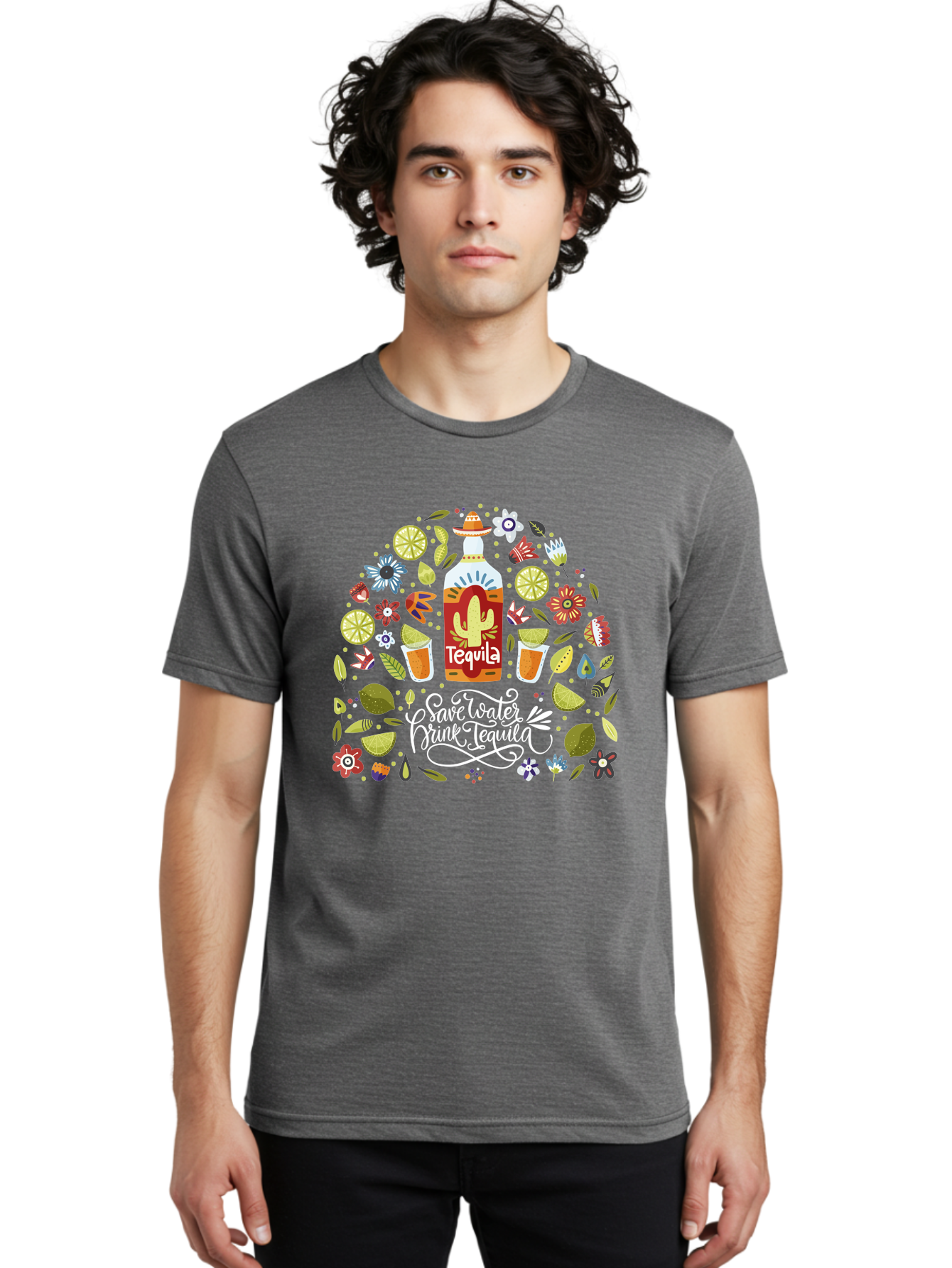 Save-Water-Drink-Tequila Men'S Graphic Tee, 100% Cotton, Comfortable Casual Summer Wear, Machine Washable, Tequila Bottle, Mariachi Inspired Design, Cactus Illustration, Lime Wedges, Citrus Slices, Festive Flowers, Tequila Glasses, -  Aaa295 4