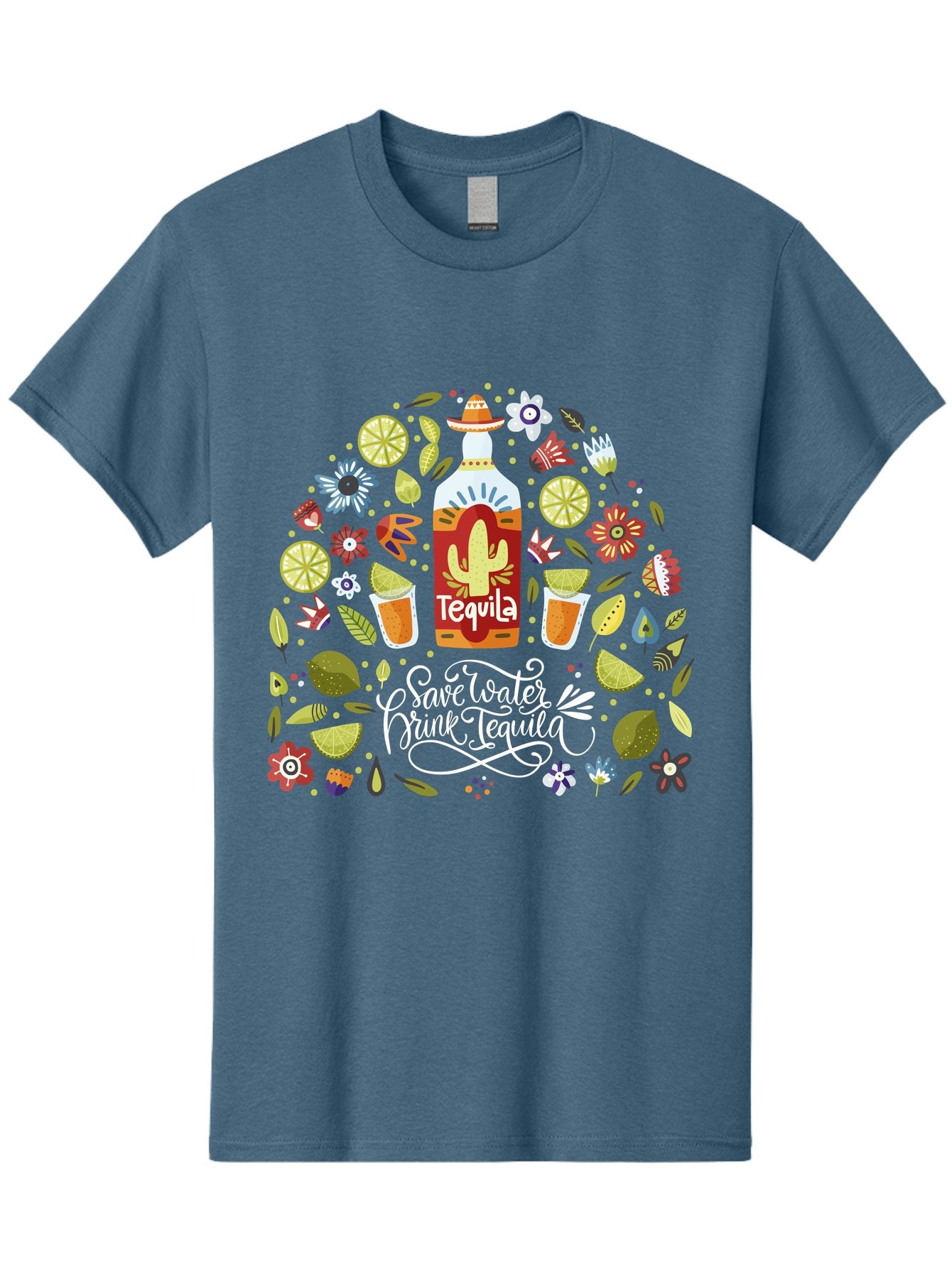 Save-Water-Drink-Tequila Men'S Graphic Tee, 100% Cotton, Comfortable Casual Summer Wear, Machine Washable, Tequila Bottle, Mariachi Inspired Design, Cactus Illustration, Lime Wedges, Citrus Slices, Festive Flowers, Tequila Glasses, -  Aaa295 11