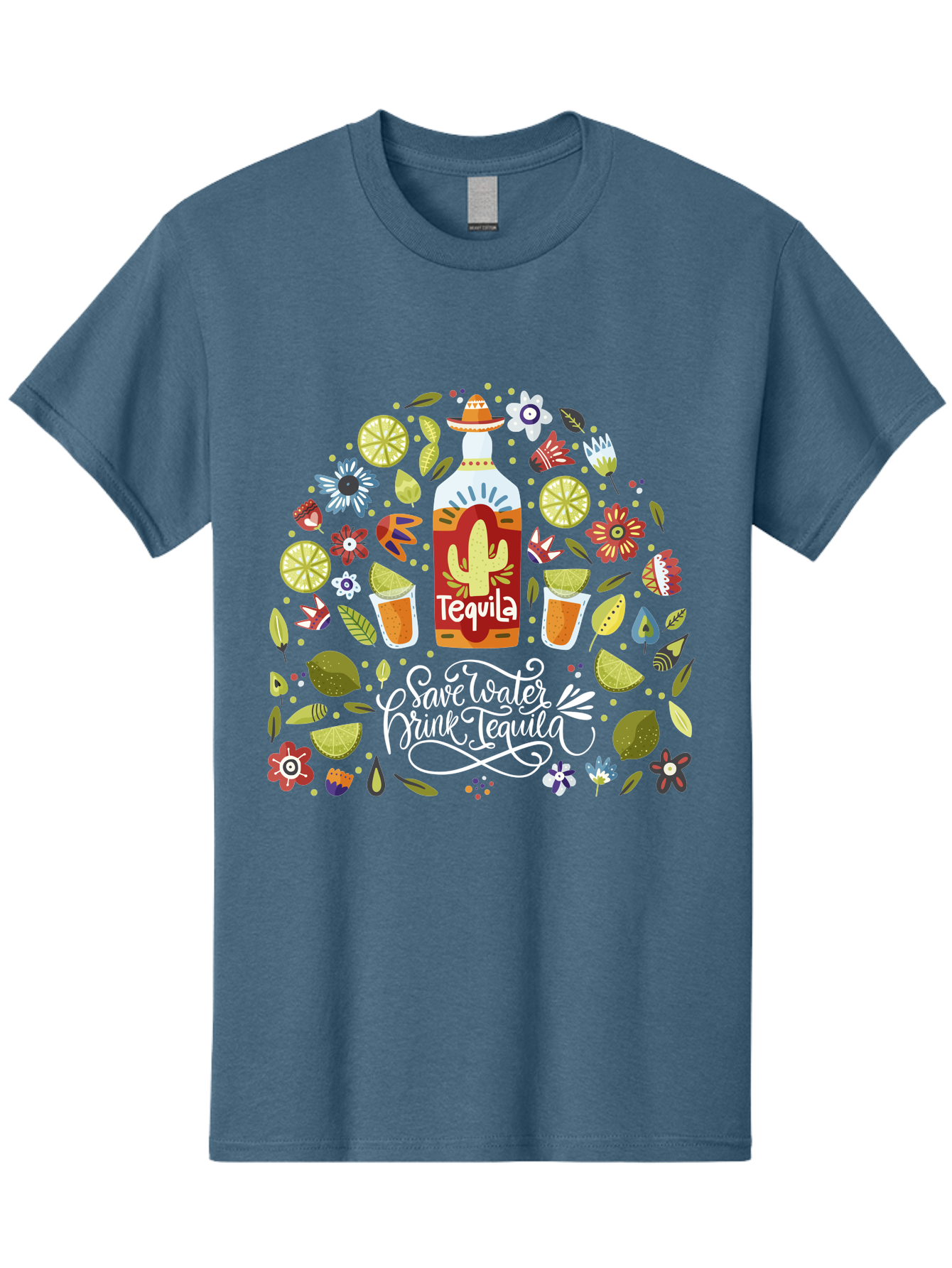 Save-Water-Drink-Tequila Men'S Graphic Tee, 100% Cotton, Comfortable Casual Summer Wear, Machine Washable, Tequila Bottle, Mariachi Inspired Design, Cactus Illustration, Lime Wedges, Citrus Slices, Festive Flowers, Tequila Glasses, -  Aaa295 13