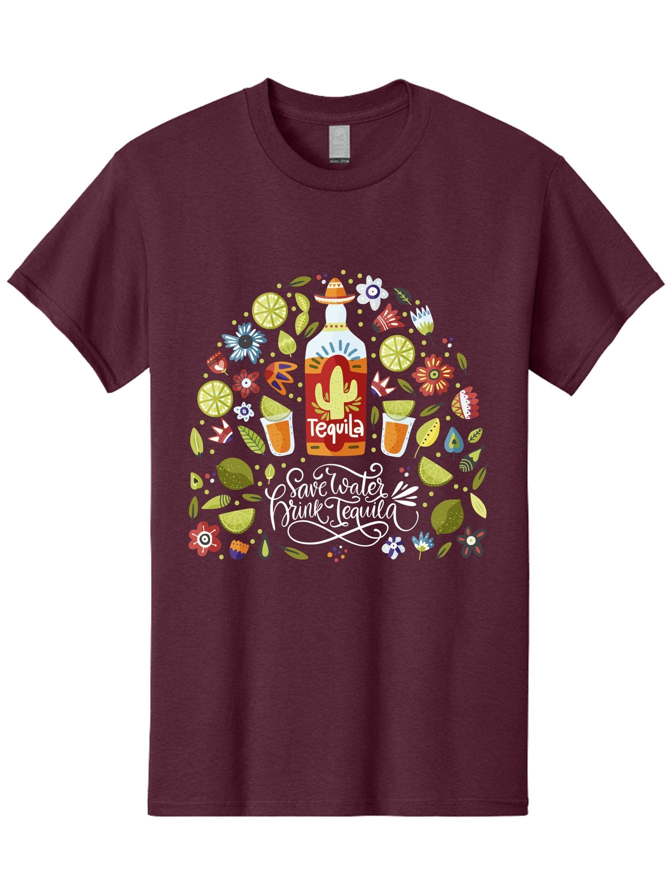 Save-Water-Drink-Tequila Men'S Graphic Tee, 100% Cotton, Comfortable Casual Summer Wear, Machine Washable, Tequila Bottle, Mariachi Inspired Design, Cactus Illustration, Lime Wedges, Citrus Slices, Festive Flowers, Tequila Glasses, -  Aaa295 9