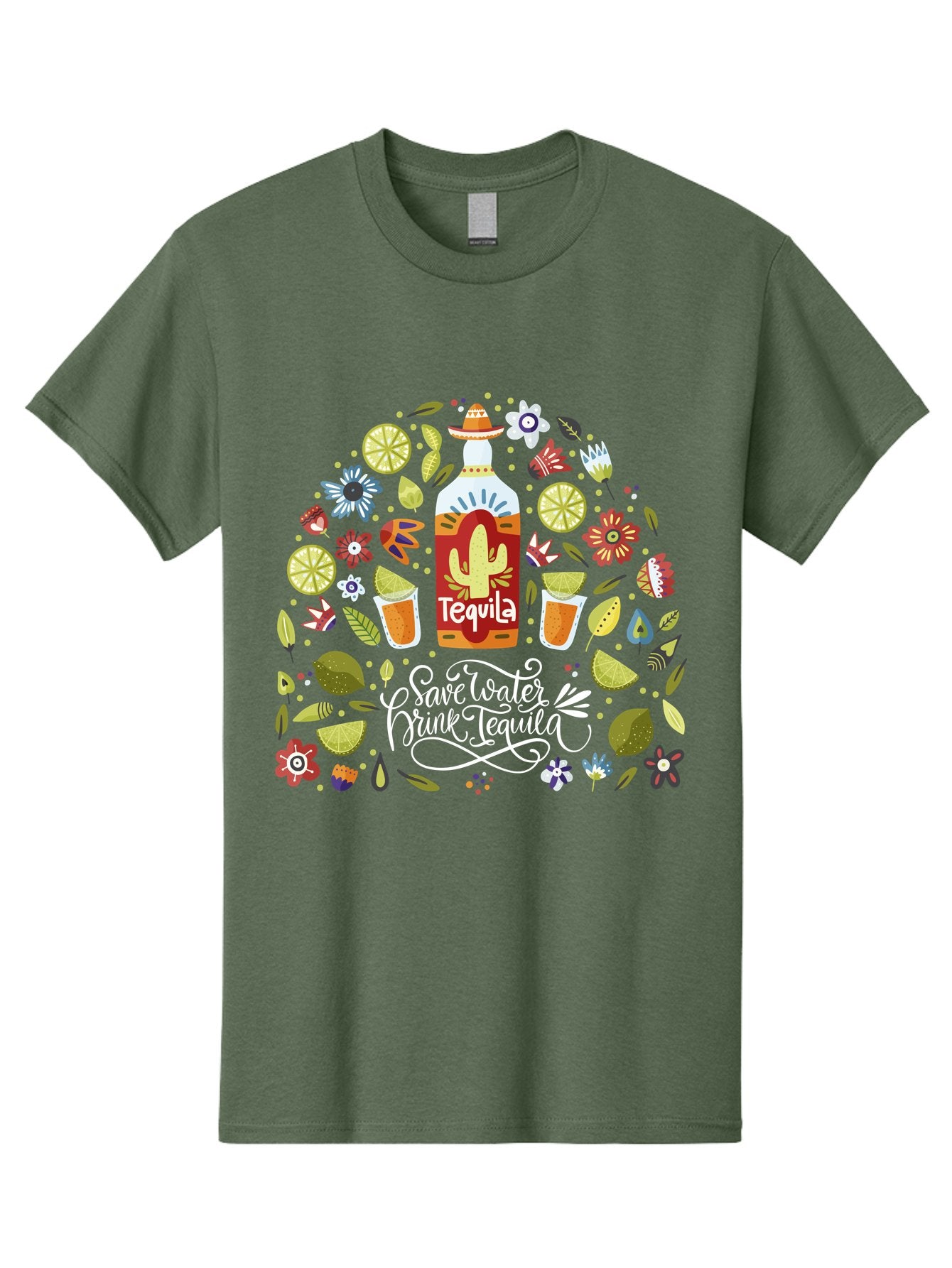 Save-Water-Drink-Tequila Men'S Graphic Tee, 100% Cotton, Comfortable Casual Summer Wear, Machine Washable, Tequila Bottle, Mariachi Inspired Design, Cactus Illustration, Lime Wedges, Citrus Slices, Festive Flowers, Tequila Glasses, -  Aaa295 25