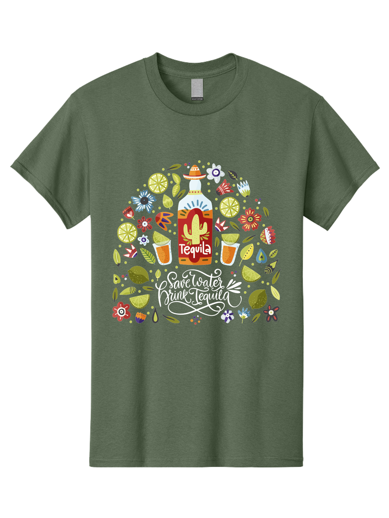 Save-Water-Drink-Tequila Men'S Graphic Tee, 100% Cotton, Comfortable Casual Summer Wear, Machine Washable, Tequila Bottle, Mariachi Inspired Design, Cactus Illustration, Lime Wedges, Citrus Slices, Festive Flowers, Tequila Glasses, -  Aaa295 19