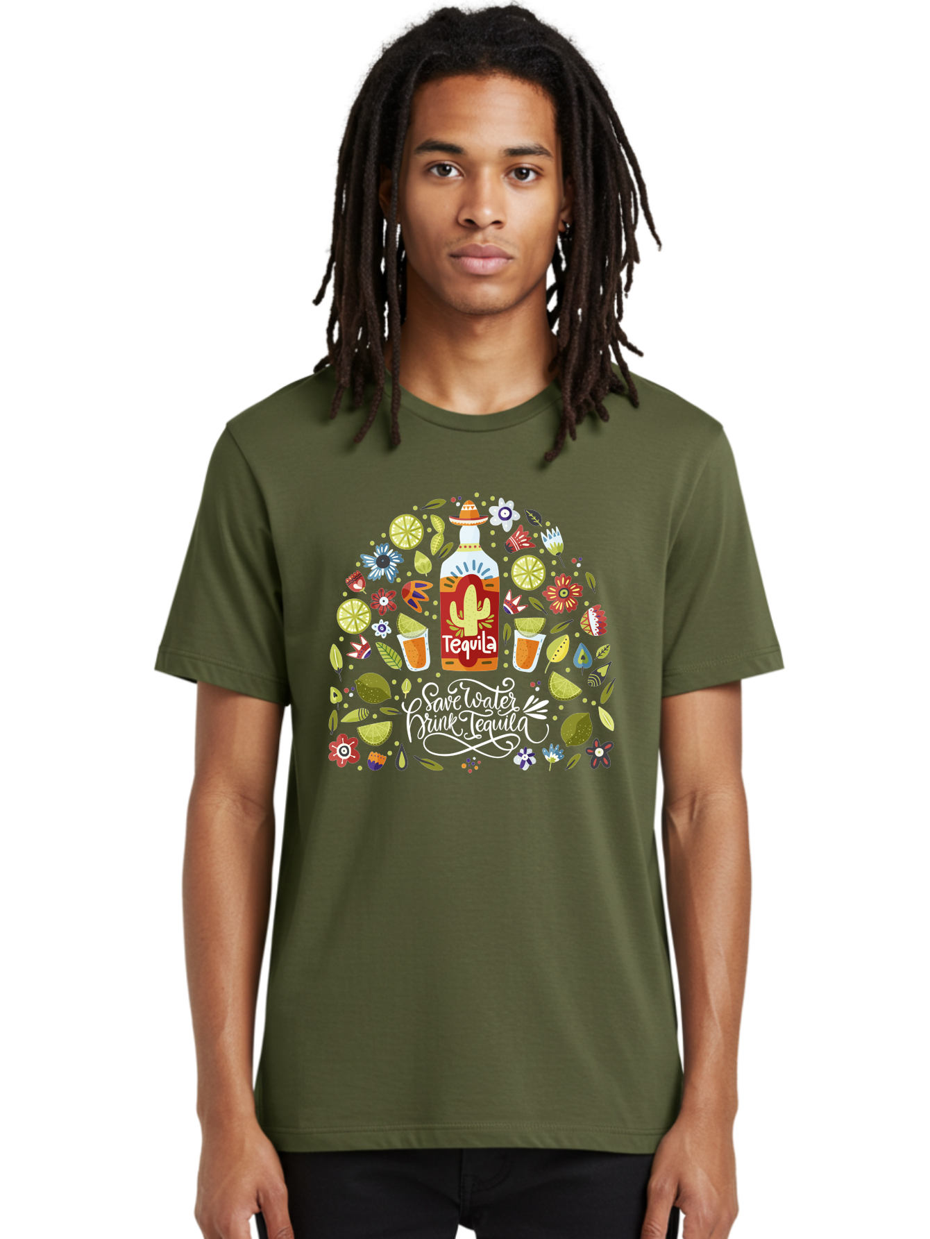 Save-Water-Drink-Tequila Men'S Graphic Tee, 100% Cotton, Comfortable Casual Summer Wear, Machine Washable, Tequila Bottle, Mariachi Inspired Design, Cactus Illustration, Lime Wedges, Citrus Slices, Festive Flowers, Tequila Glasses, -  Aaa295 20