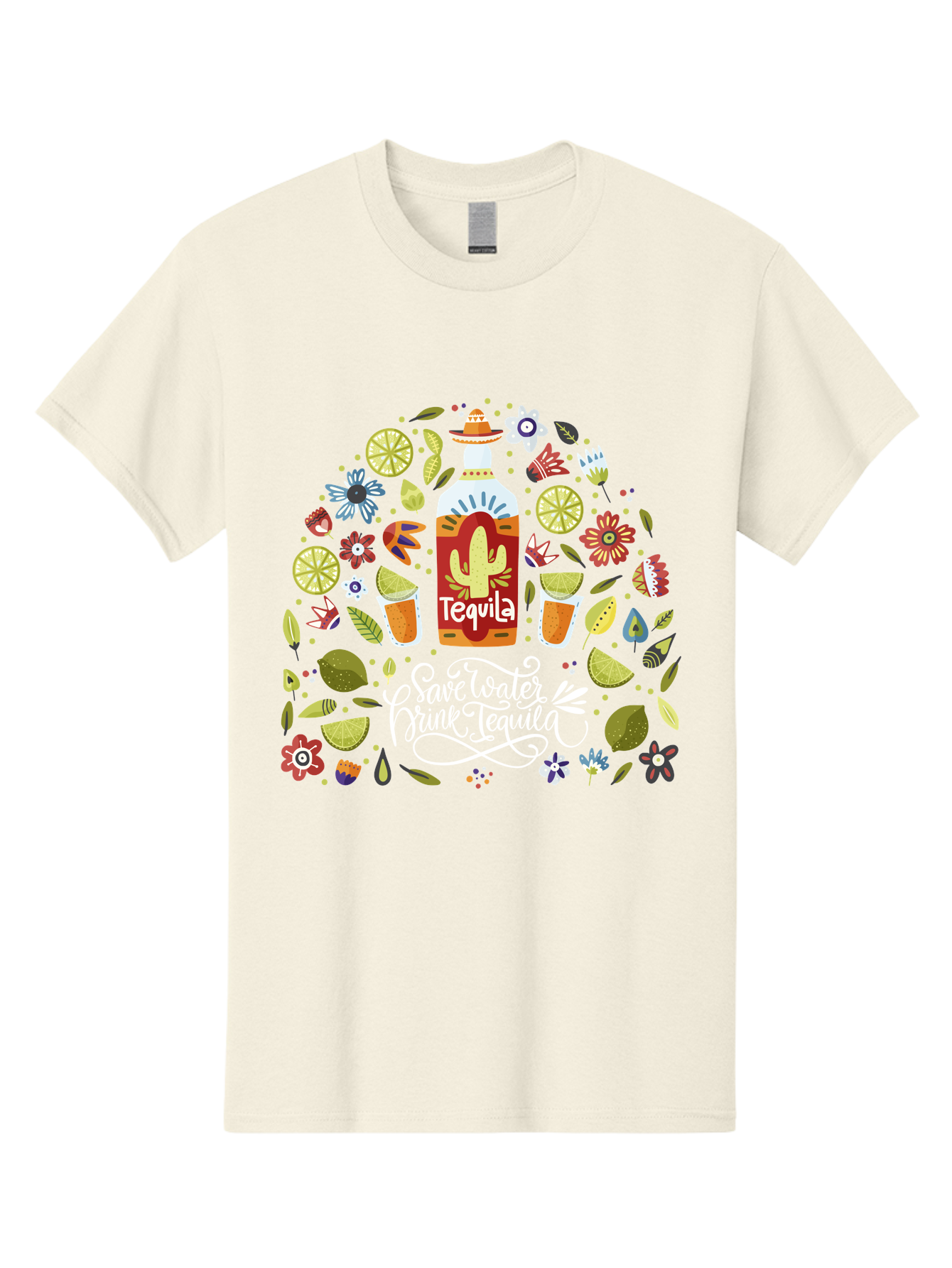 Save-Water-Drink-Tequila Men'S Graphic Tee, 100% Cotton, Comfortable Casual Summer Wear, Machine Washable, Tequila Bottle, Mariachi Inspired Design, Cactus Illustration, Lime Wedges, Citrus Slices, Festive Flowers, Tequila Glasses, -  Aaa295 5