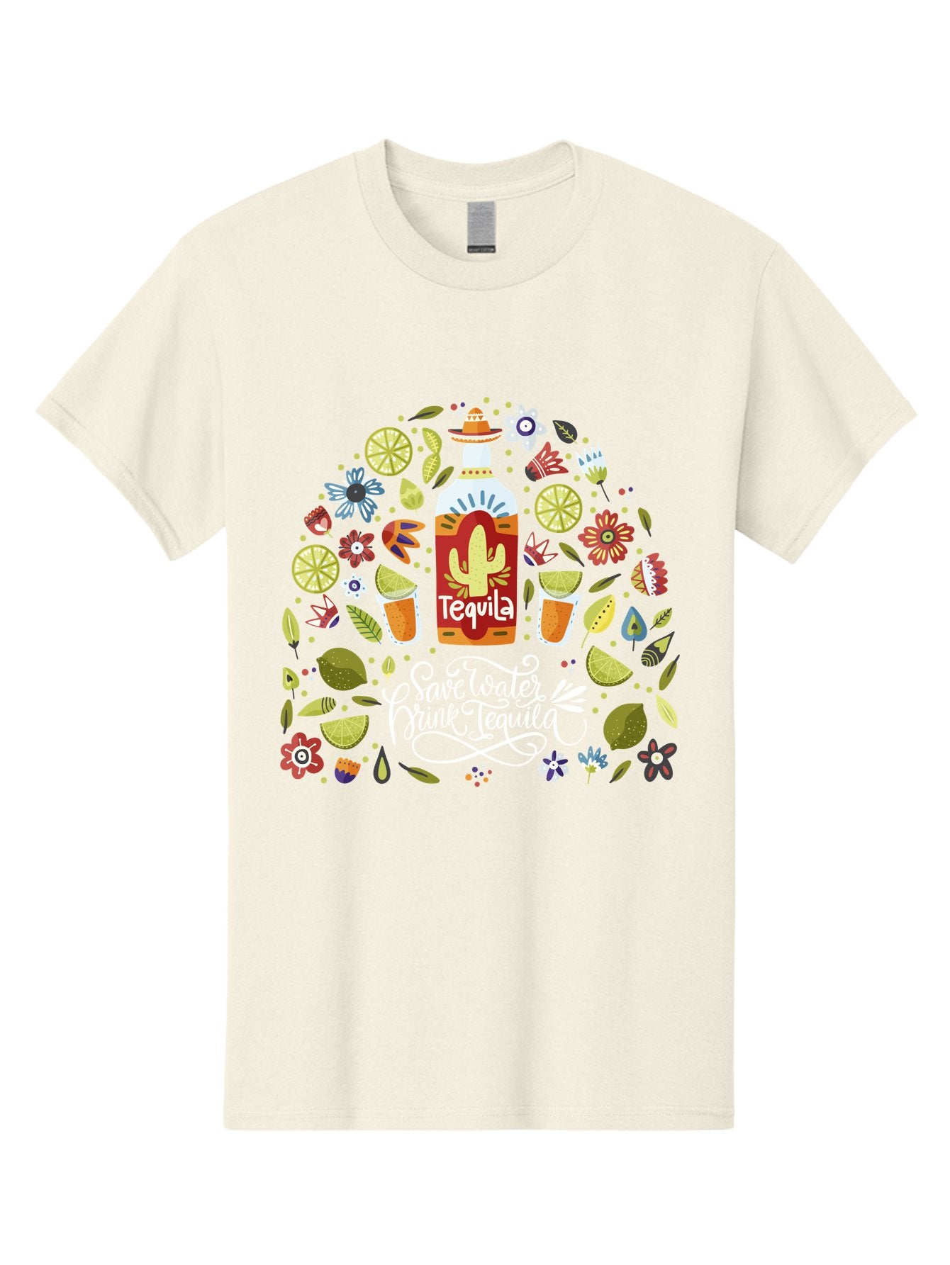 Save-Water-Drink-Tequila Men'S Graphic Tee, 100% Cotton, Comfortable Casual Summer Wear, Machine Washable, Tequila Bottle, Mariachi Inspired Design, Cactus Illustration, Lime Wedges, Citrus Slices, Festive Flowers, Tequila Glasses, -  Aaa295 21