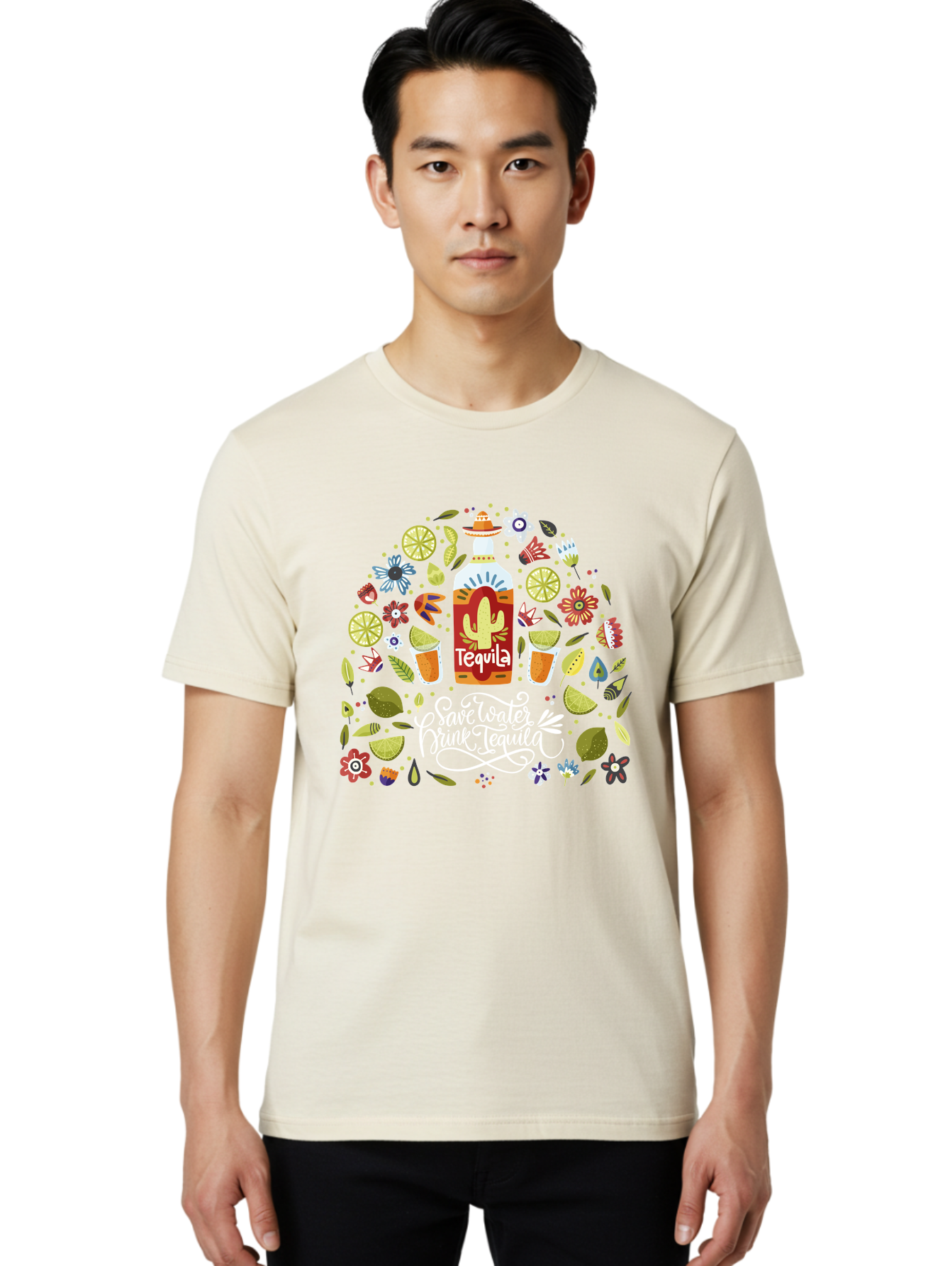 Save-Water-Drink-Tequila Men'S Graphic Tee, 100% Cotton, Comfortable Casual Summer Wear, Machine Washable, Tequila Bottle, Mariachi Inspired Design, Cactus Illustration, Lime Wedges, Citrus Slices, Festive Flowers, Tequila Glasses, -  Aaa295 6