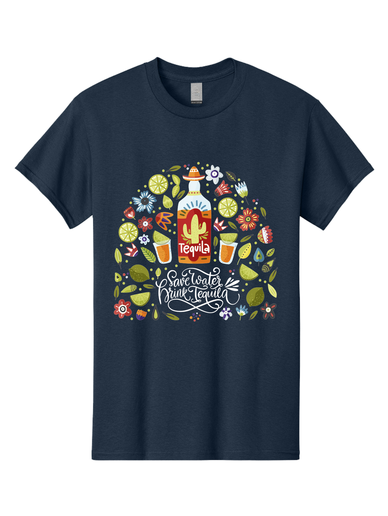 Save-Water-Drink-Tequila Men'S Graphic Tee, 100% Cotton, Comfortable Casual Summer Wear, Machine Washable, Tequila Bottle, Mariachi Inspired Design, Cactus Illustration, Lime Wedges, Citrus Slices, Festive Flowers, Tequila Glasses, -  Aaa295