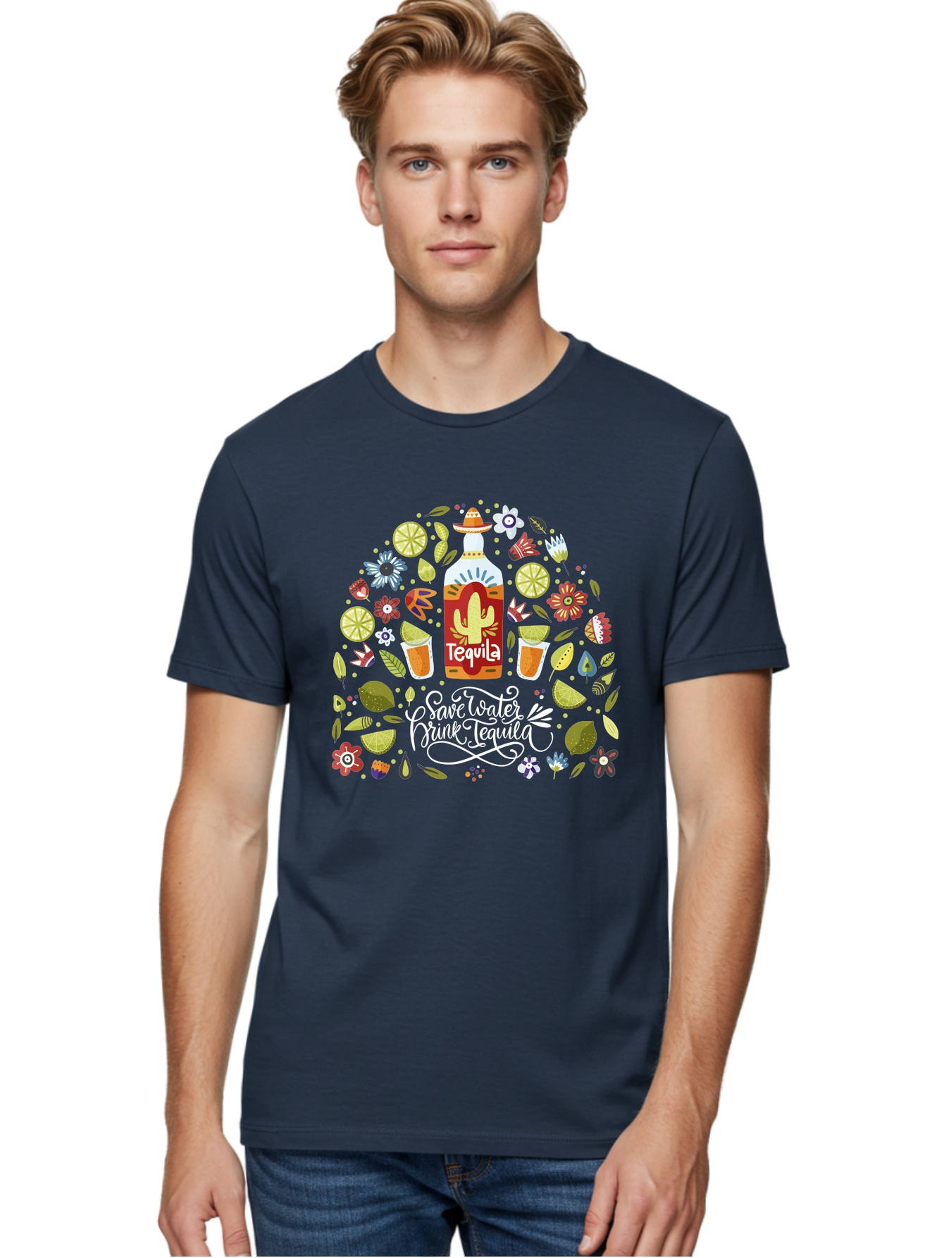 Save-Water-Drink-Tequila Men'S Graphic Tee, 100% Cotton, Comfortable Casual Summer Wear, Machine Washable, Tequila Bottle, Mariachi Inspired Design, Cactus Illustration, Lime Wedges, Citrus Slices, Festive Flowers, Tequila Glasses, -  Aaa295