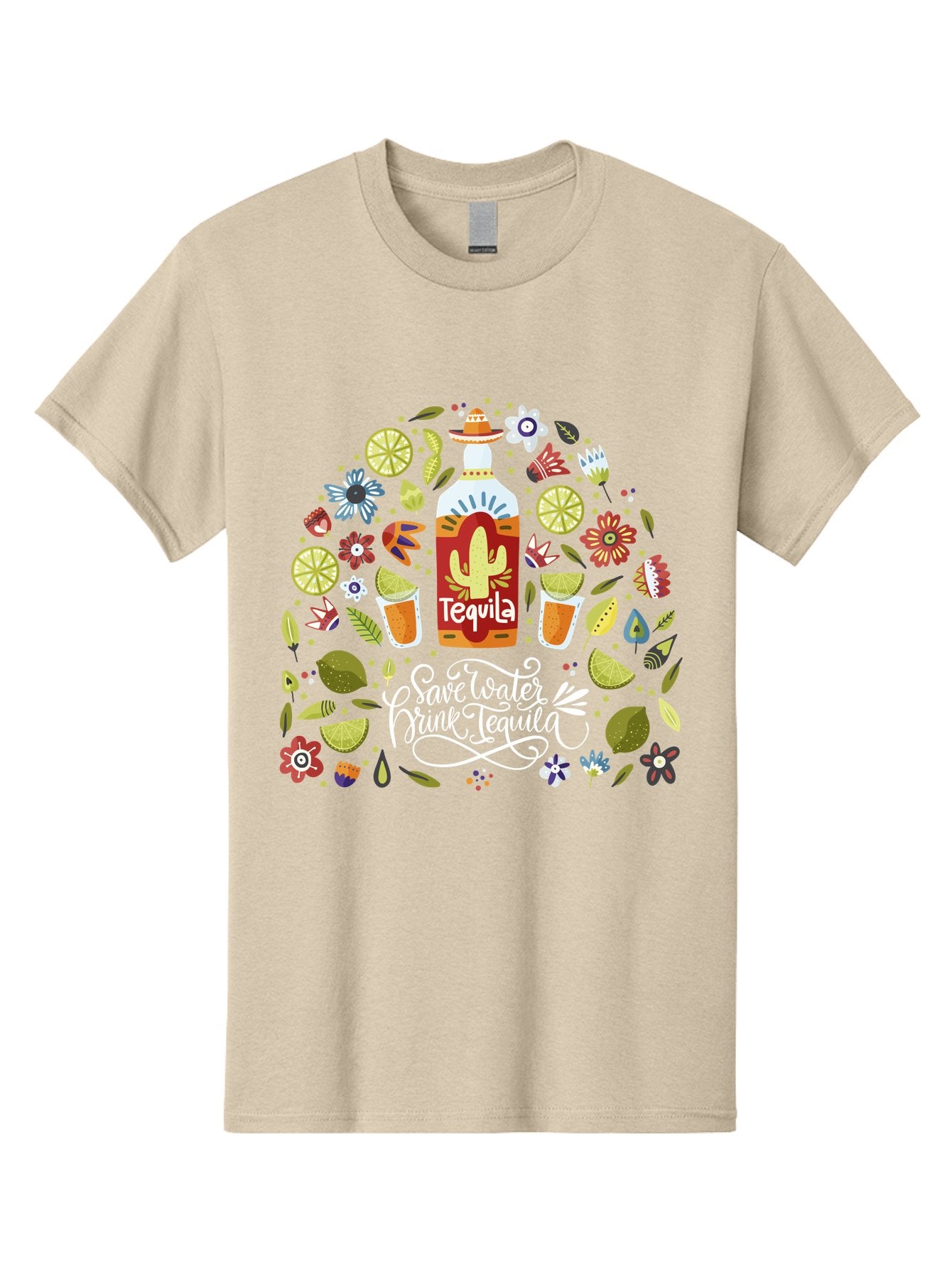 Save-Water-Drink-Tequila Men'S Graphic Tee, 100% Cotton, Comfortable Casual Summer Wear, Machine Washable, Tequila Bottle, Mariachi Inspired Design, Cactus Illustration, Lime Wedges, Citrus Slices, Festive Flowers, Tequila Glasses, -  Aaa295 3