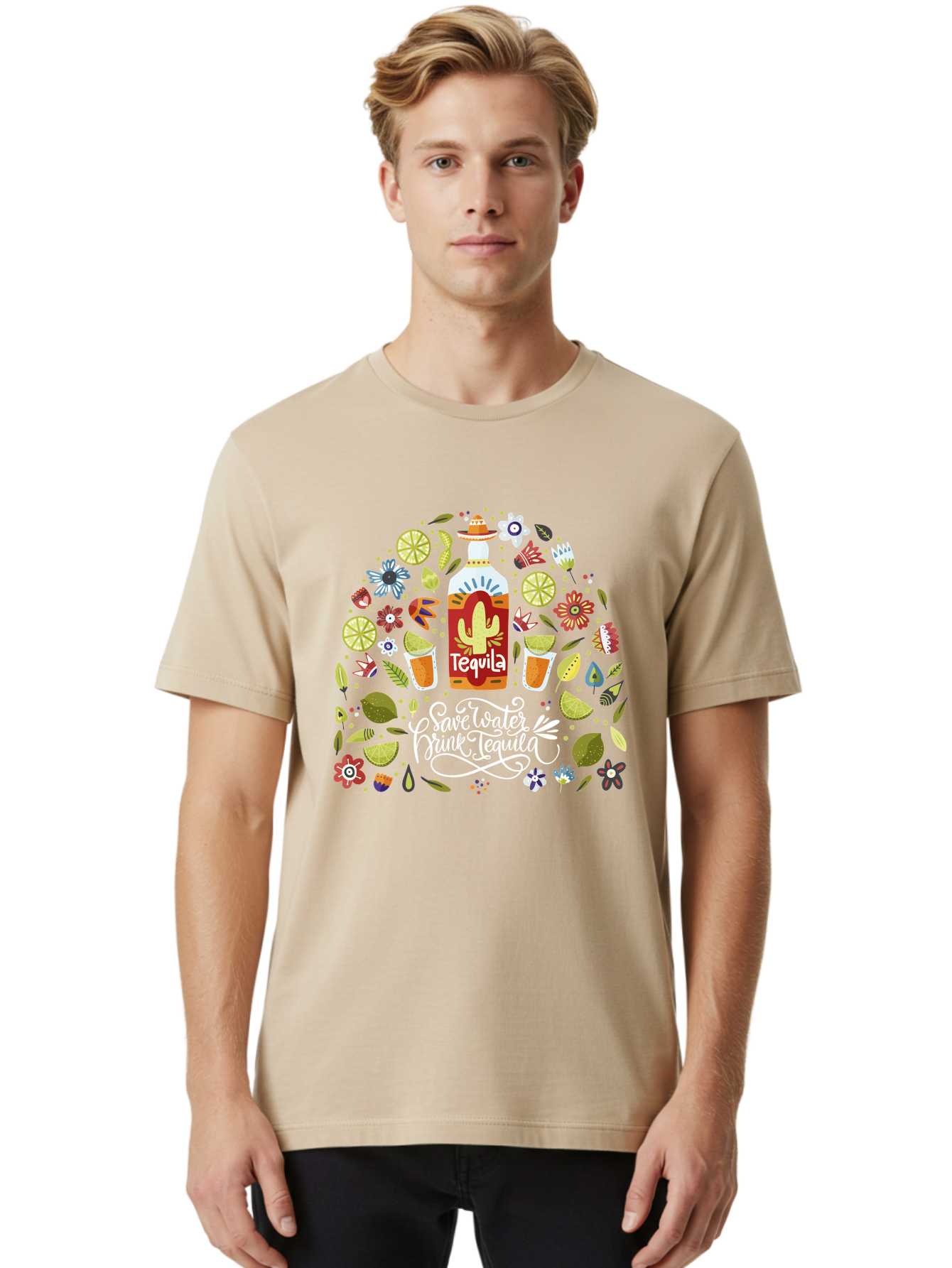 Save-Water-Drink-Tequila Men'S Graphic Tee, 100% Cotton, Comfortable Casual Summer Wear, Machine Washable, Tequila Bottle, Mariachi Inspired Design, Cactus Illustration, Lime Wedges, Citrus Slices, Festive Flowers, Tequila Glasses, -  Aaa295 22
