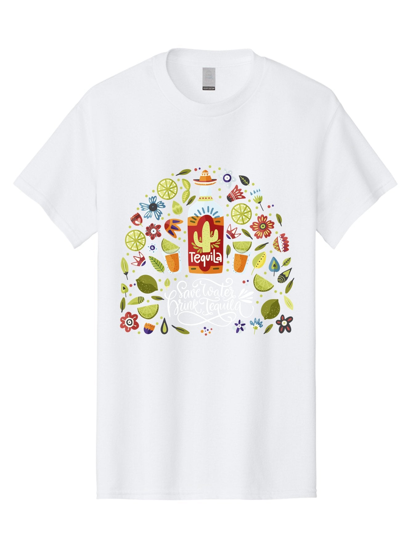 Save-Water-Drink-Tequila Men'S Graphic Tee, 100% Cotton, Comfortable Casual Summer Wear, Machine Washable, Tequila Bottle, Mariachi Inspired Design, Cactus Illustration, Lime Wedges, Citrus Slices, Festive Flowers, Tequila Glasses, -  Aaa295 27